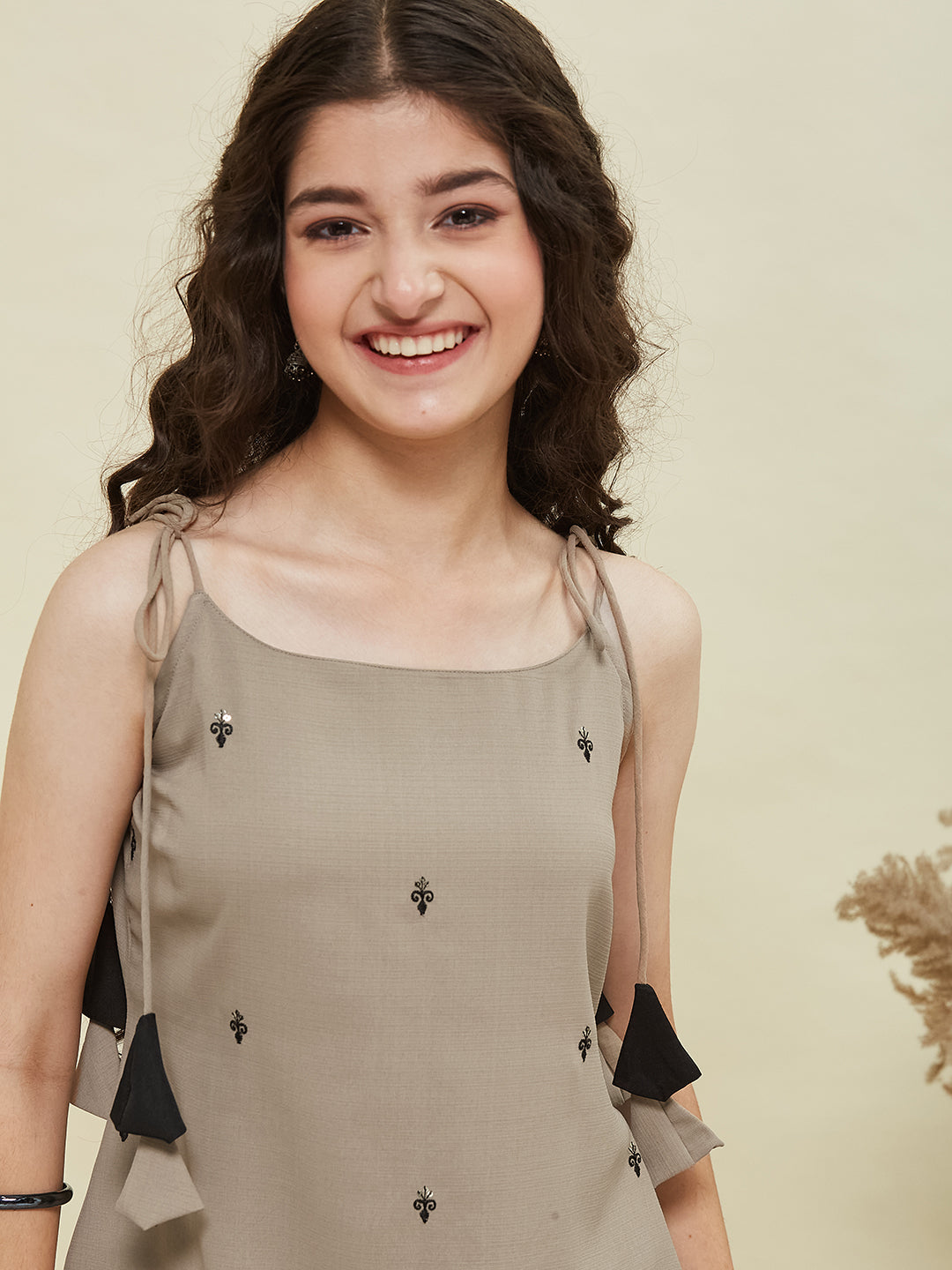 Beige Viscose Blend Embroidered Top & Pant set for Girls
