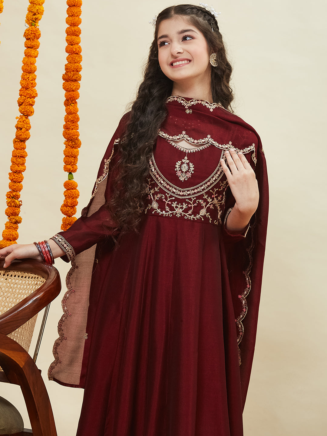 Maroon Embroidered Polyester Anarkali Pant with Dupatta Set for girls