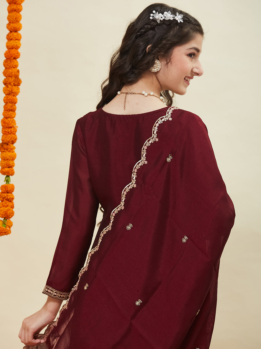 Maroon Embroidered Polyester Anarkali Pant with Dupatta Set for girls