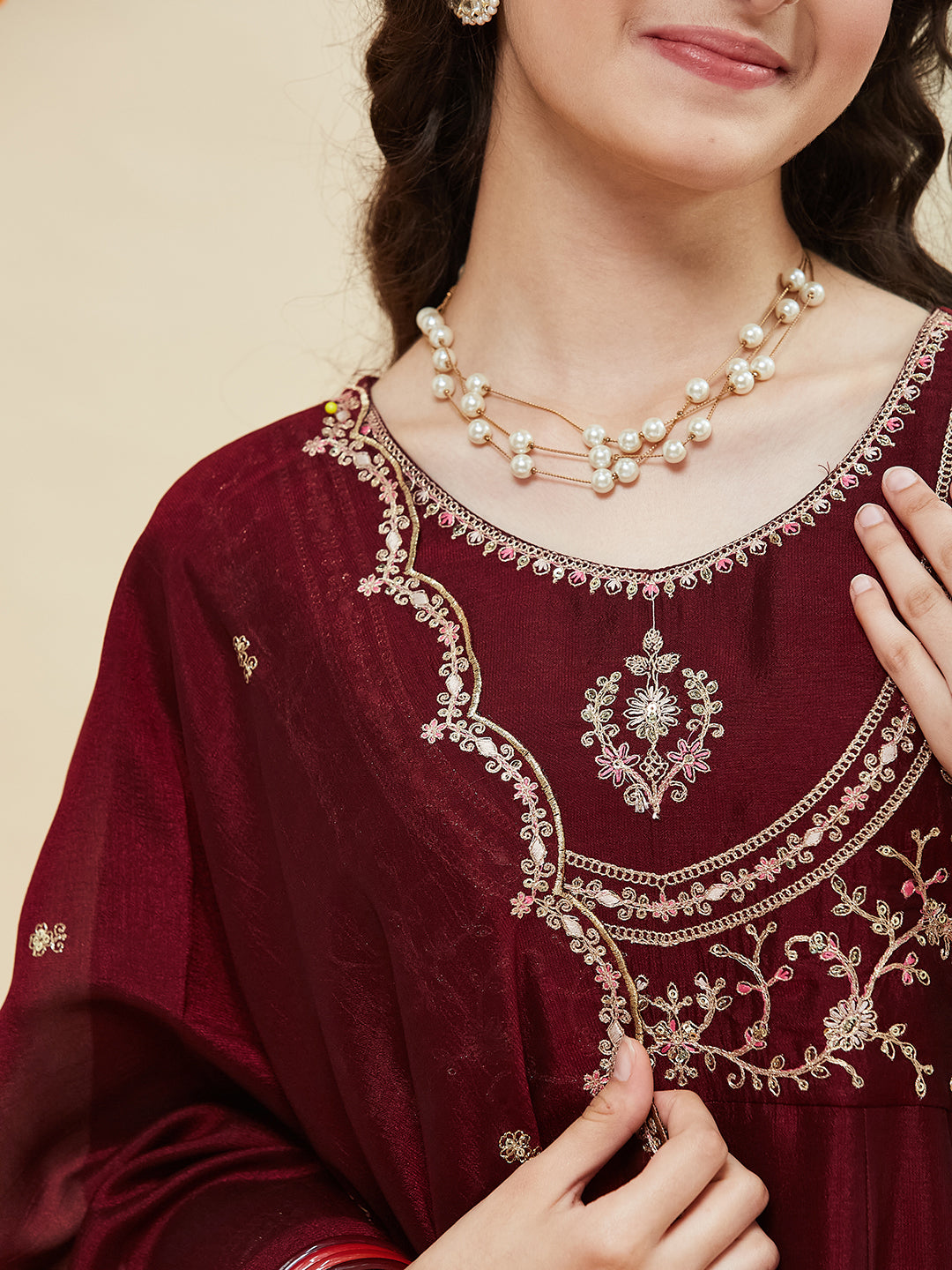 Maroon Embroidered Polyester Anarkali Pant with Dupatta Set for girls