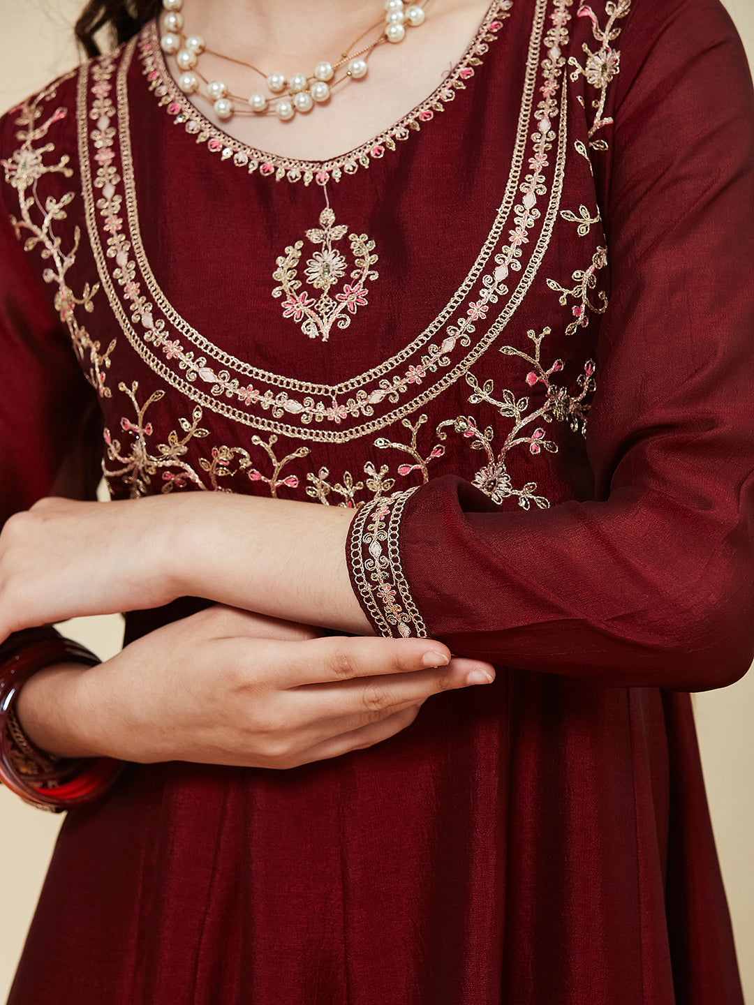 Maroon Embroidered Polyester Anarkali Pant with Dupatta Set for girls