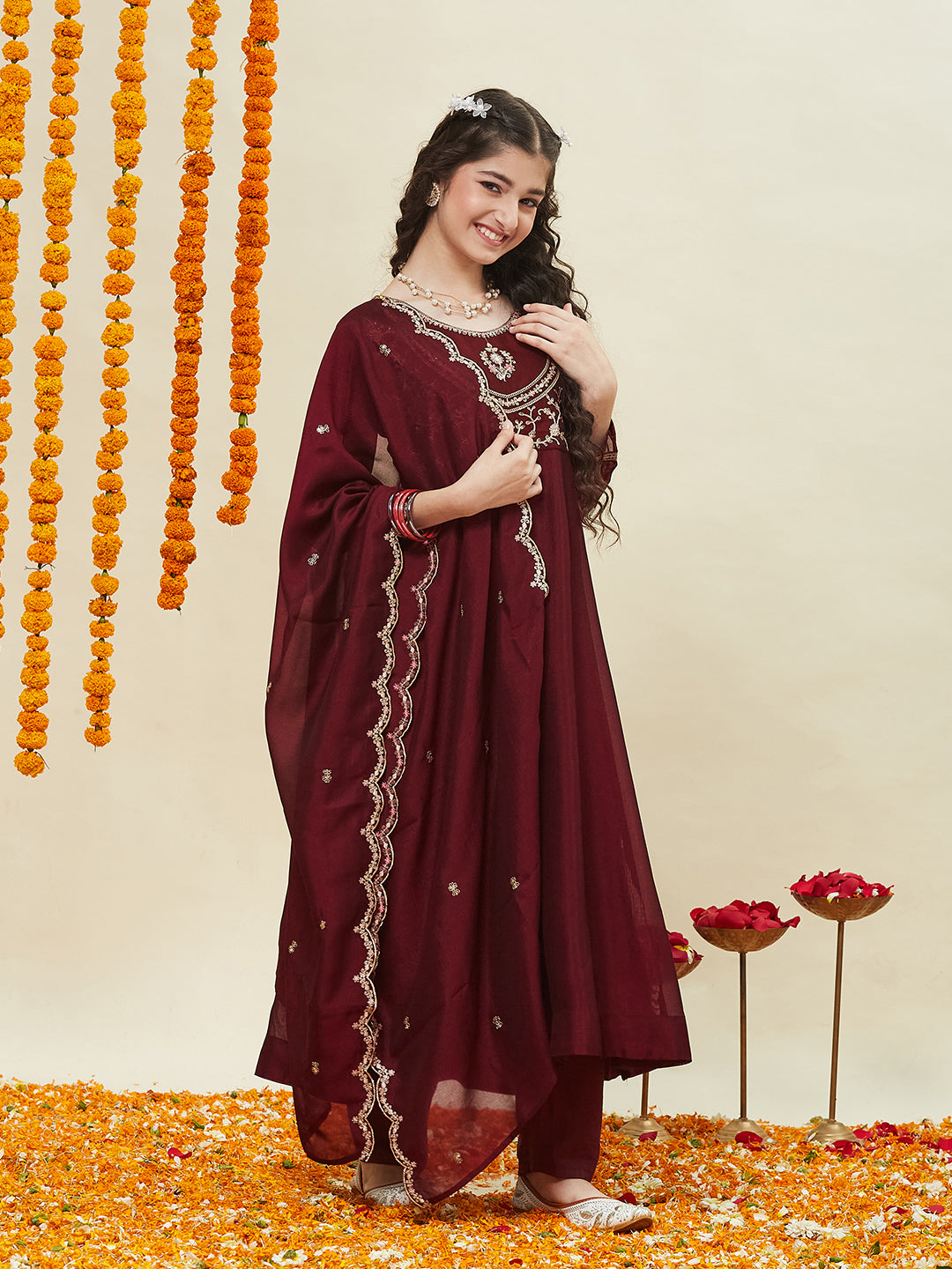 Maroon Embroidered Polyester Anarkali Pant with Dupatta Set for girls
