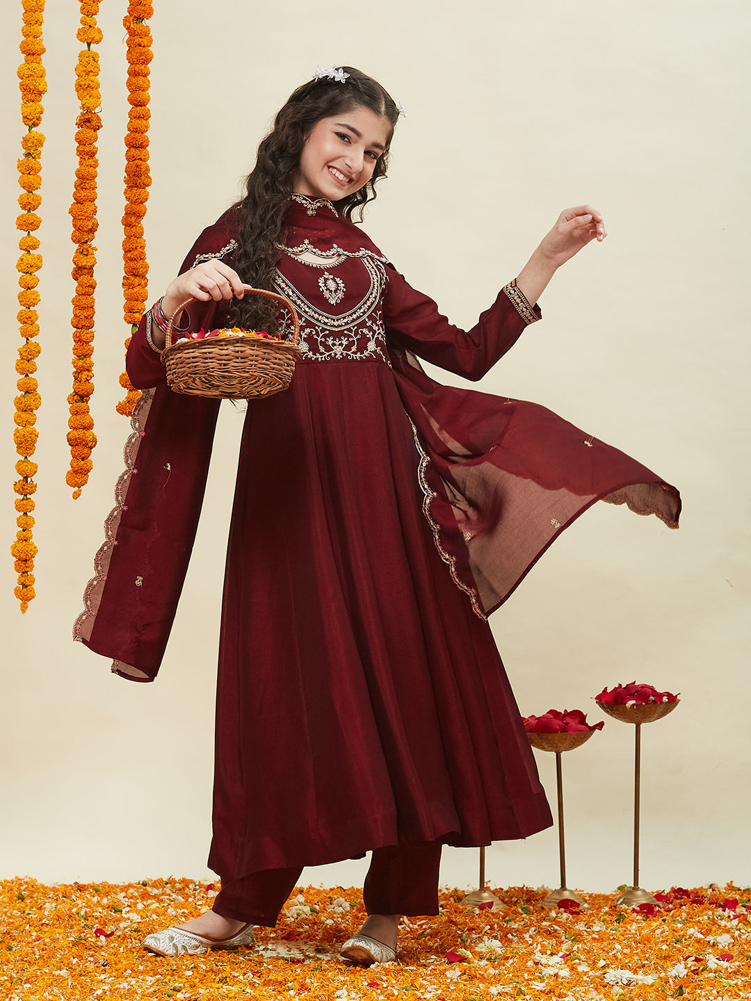 Maroon Embroidered Polyester Anarkali Pant with Dupatta Set for girls