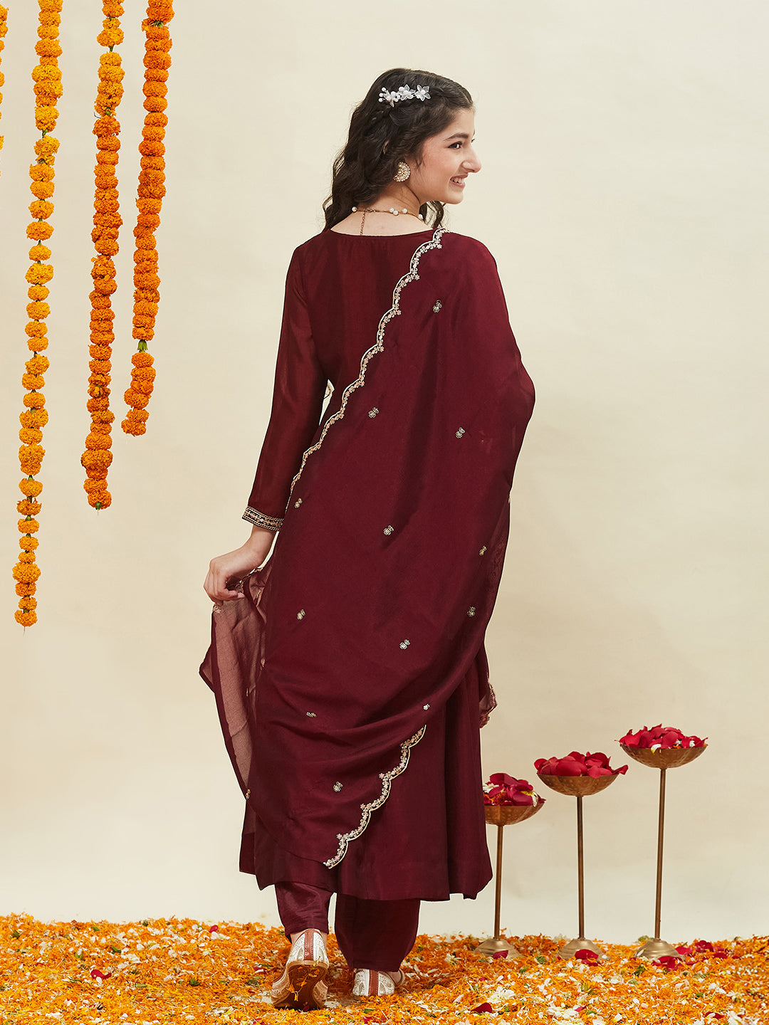 Maroon Embroidered Polyester Anarkali Pant with Dupatta Set for girls