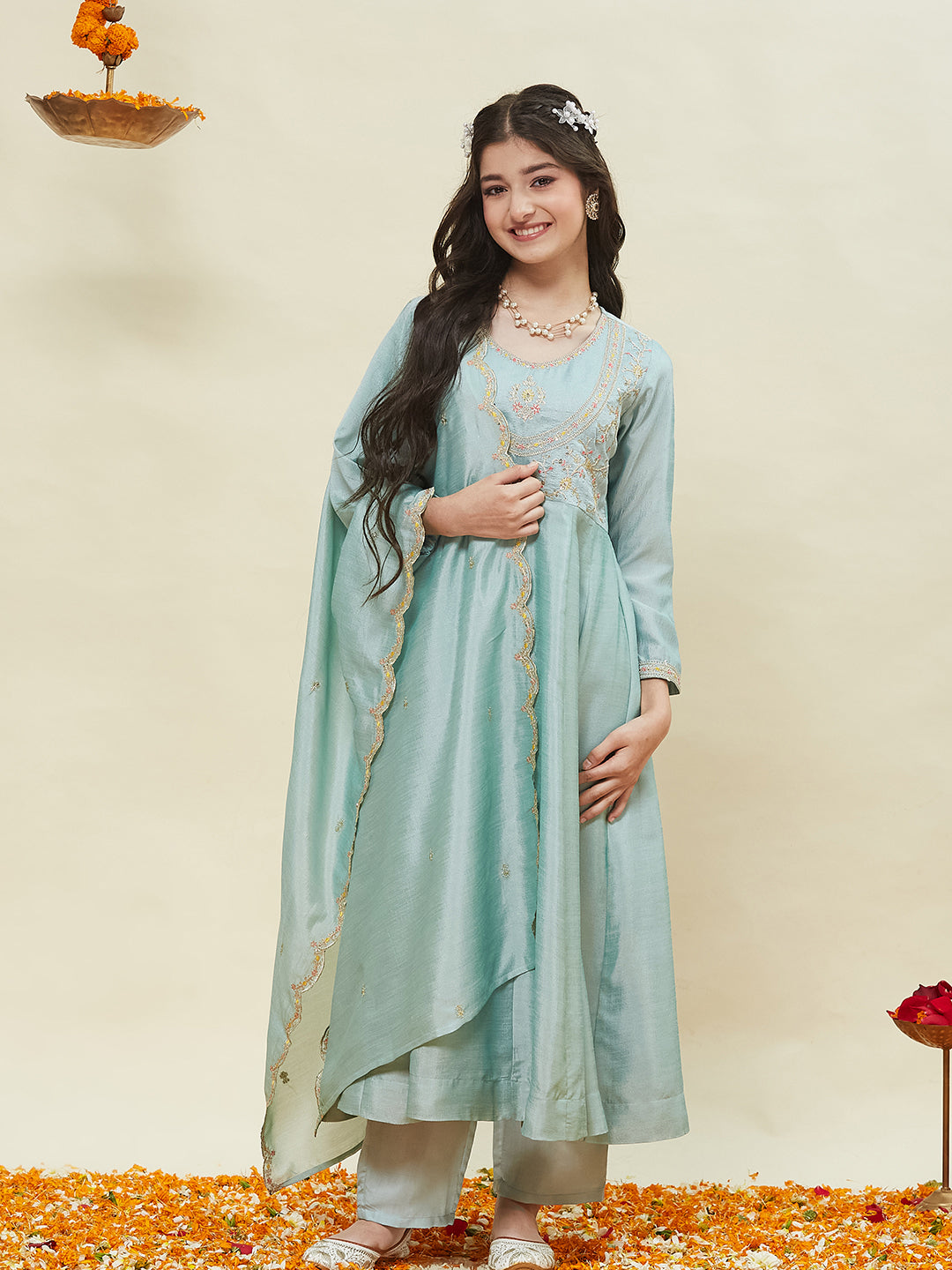 Sky Blue Embroidered Polyester Anarkali Pant with Dupatta Set for girls