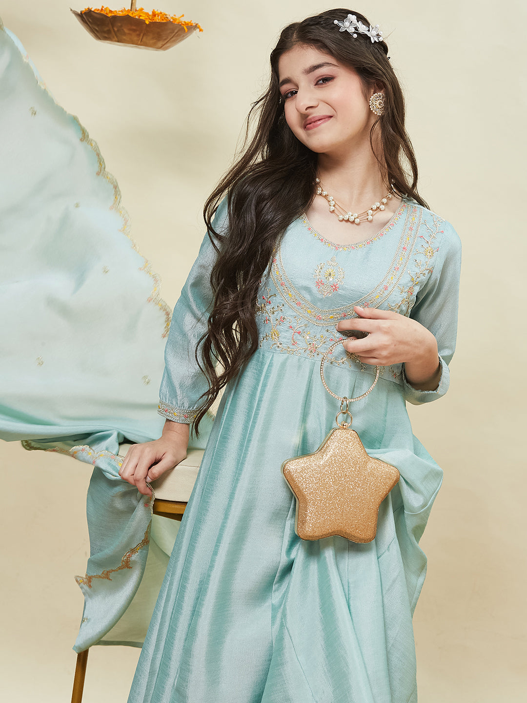 Sky Blue Embroidered Polyester Anarkali Pant with Dupatta Set for girls