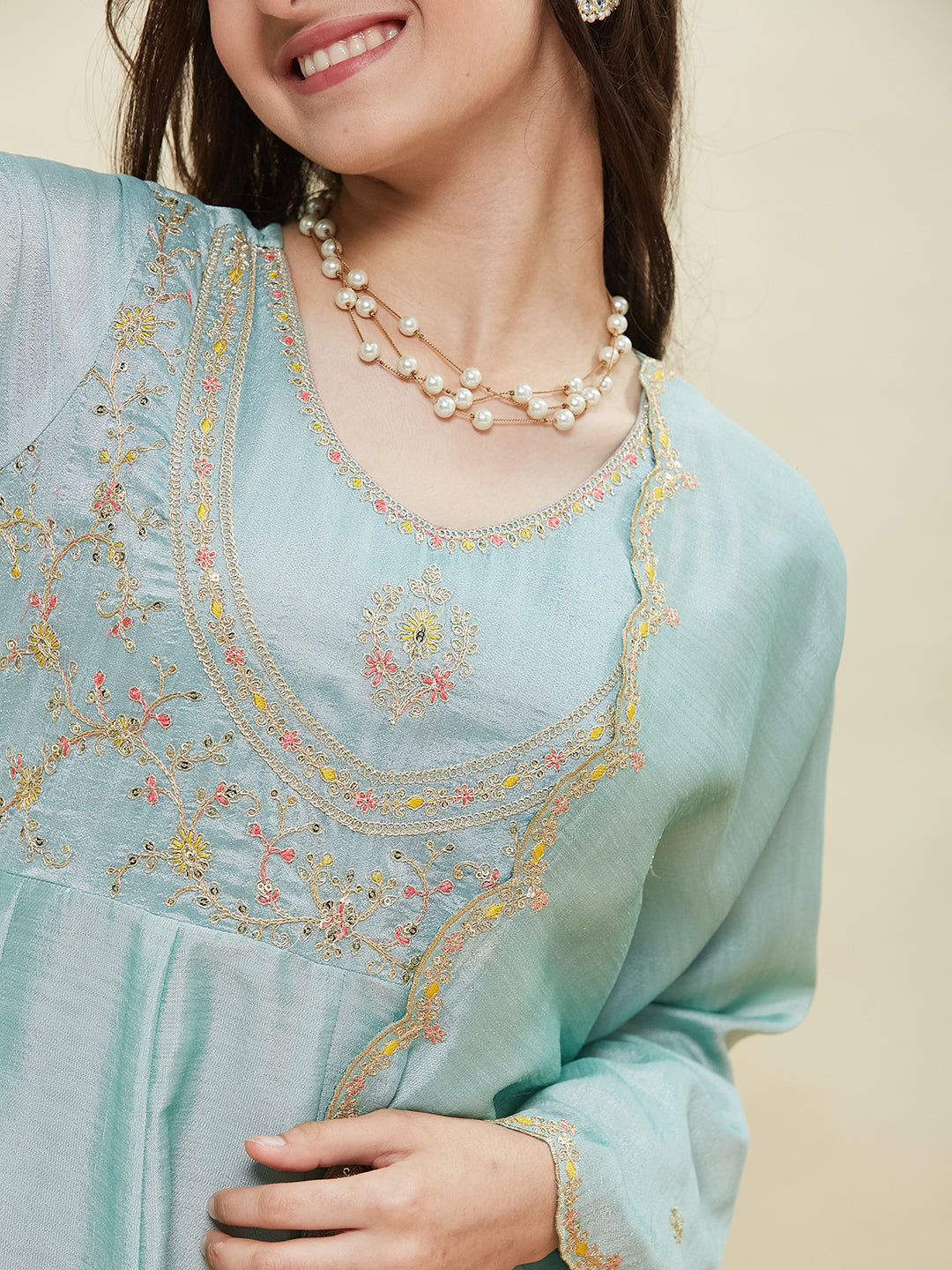 Sky Blue Embroidered Polyester Anarkali Pant with Dupatta Set for girls