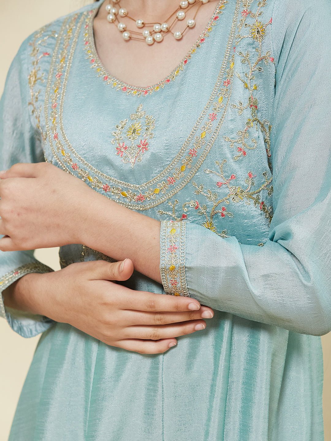 Sky Blue Embroidered Polyester Anarkali Pant with Dupatta Set for girls