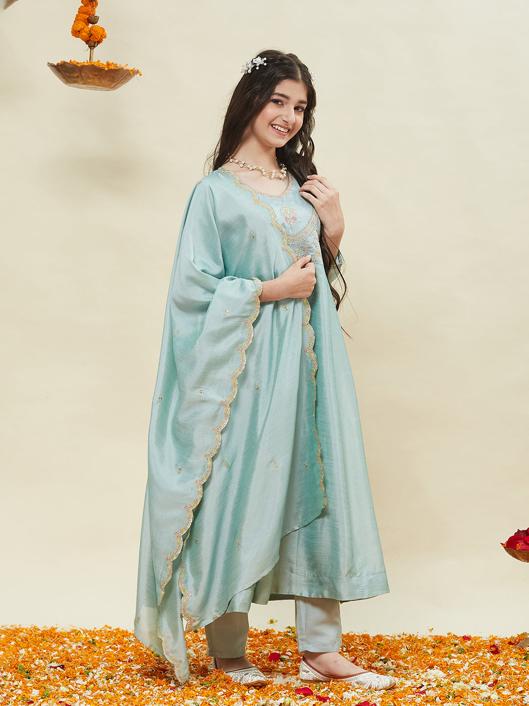 Sky Blue Embroidered Polyester Anarkali Pant with Dupatta Set for girls
