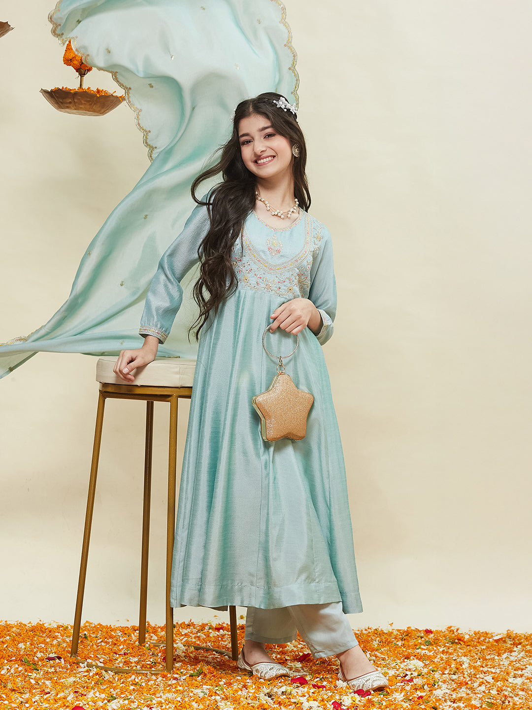 Sky Blue Embroidered Polyester Anarkali Pant with Dupatta Set for girls