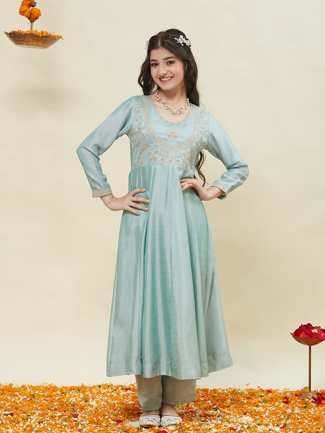 Sky Blue Embroidered Polyester Anarkali Pant with Dupatta Set for girls