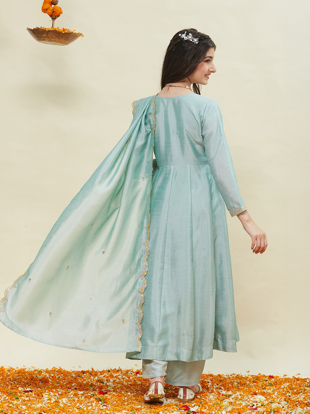 Sky Blue Embroidered Polyester Anarkali Pant with Dupatta Set for girls
