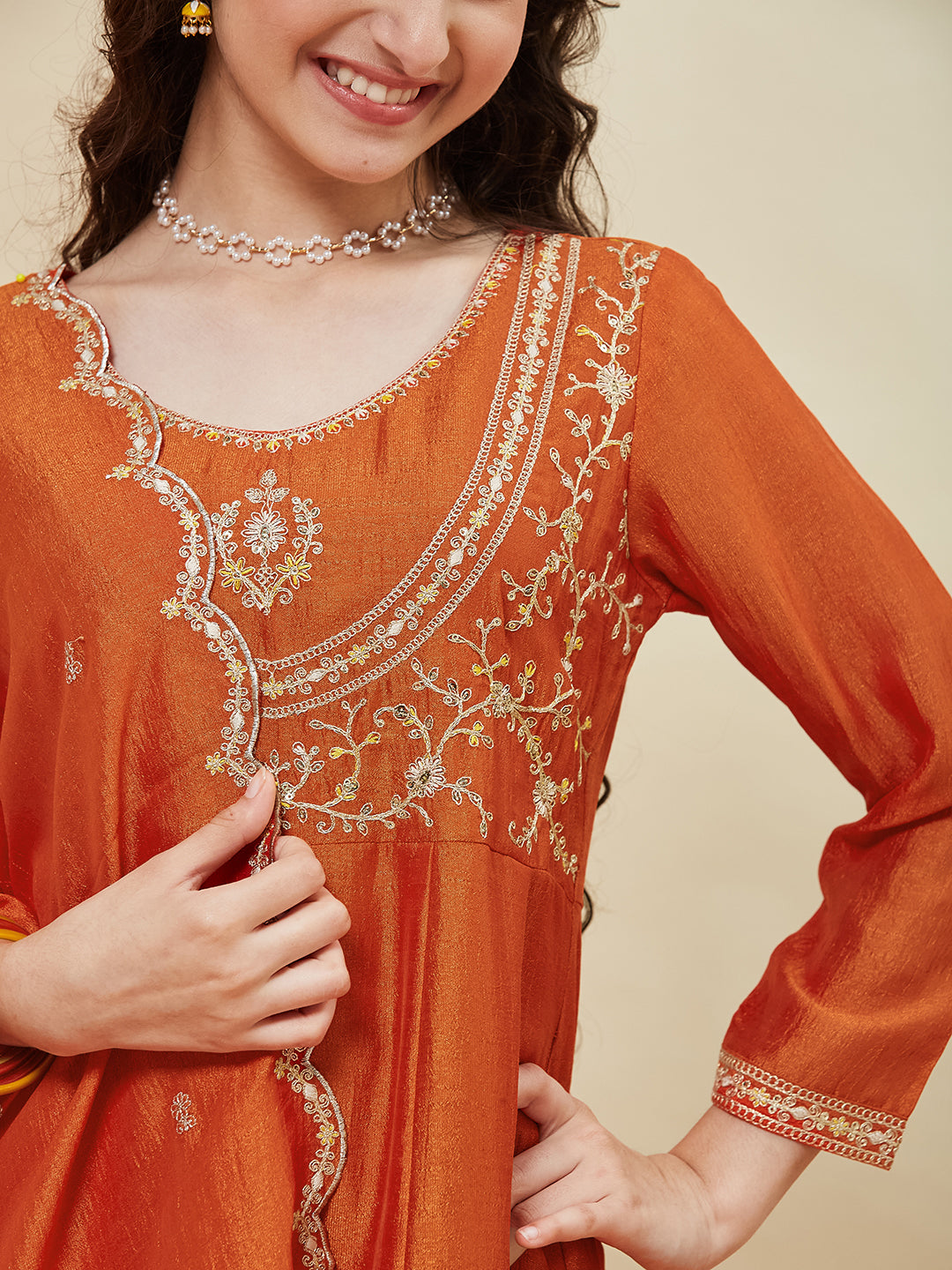 Orange Embroidered Polyester Anarkali Pant with Dupatta Set for girls
