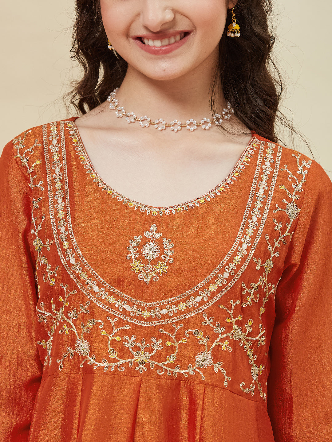 Orange Embroidered Polyester Anarkali Pant with Dupatta Set for girls