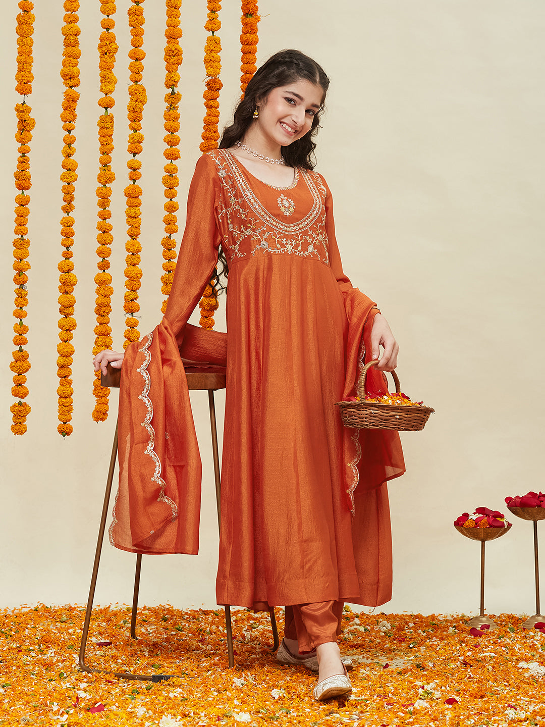 Orange Embroidered Polyester Anarkali Pant with Dupatta Set for girls