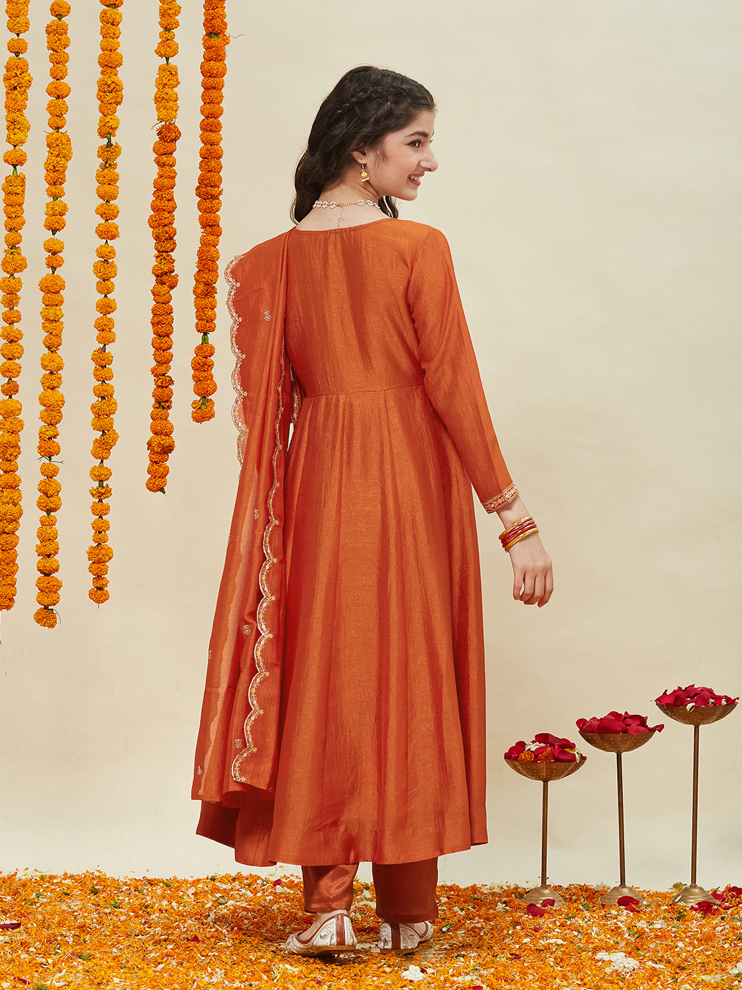 Orange Embroidered Polyester Anarkali Pant with Dupatta Set for girls