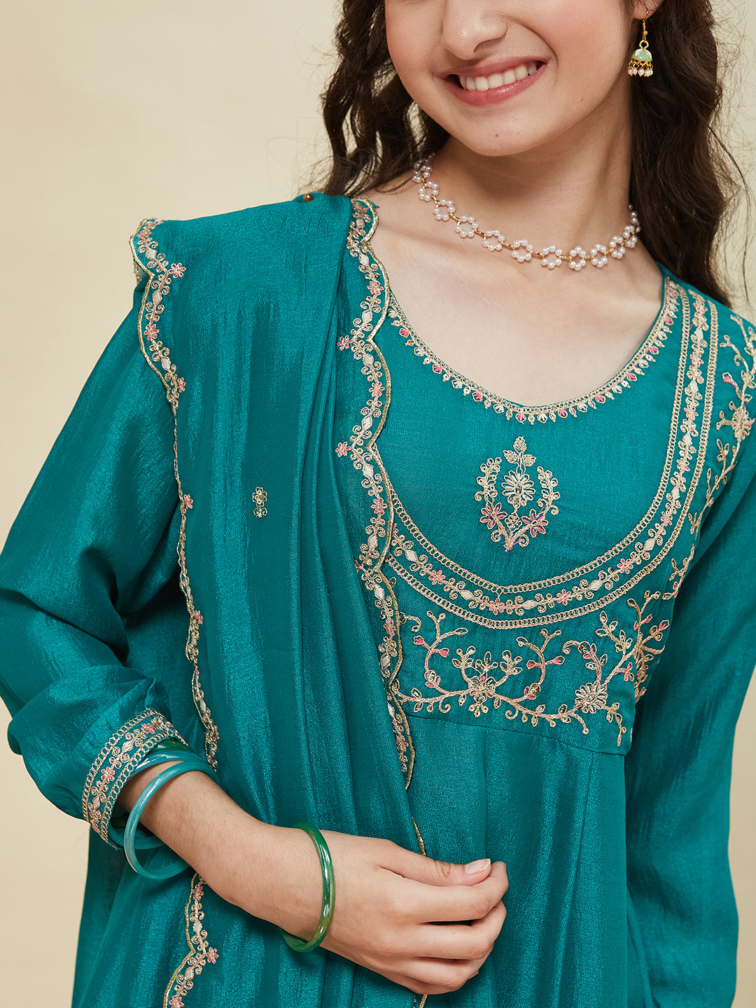 Dark Rama Embroidered Polyester Anarkali Pant with Dupatta Set for girls