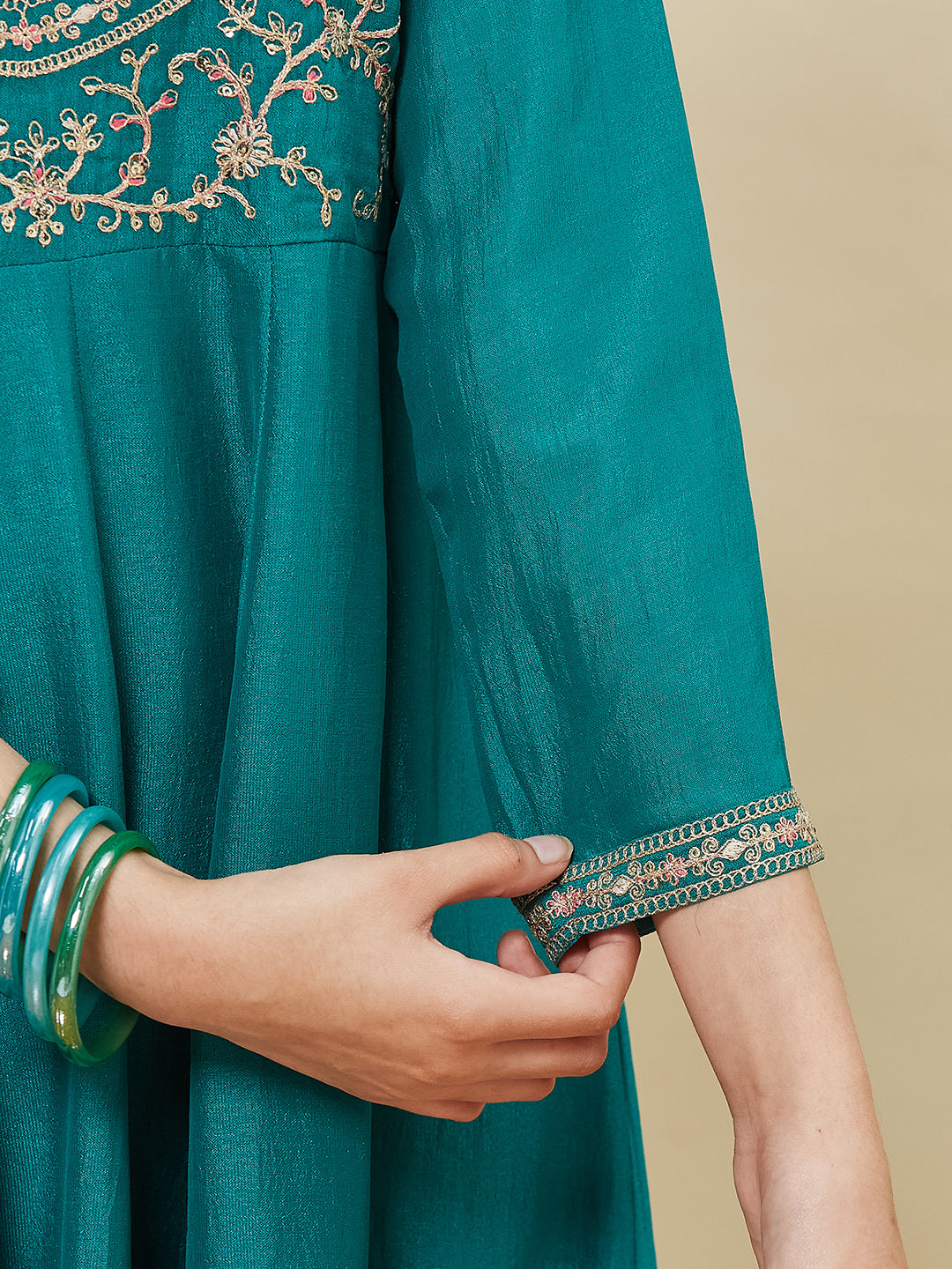 Dark Rama Embroidered Polyester Anarkali Pant with Dupatta Set for girls