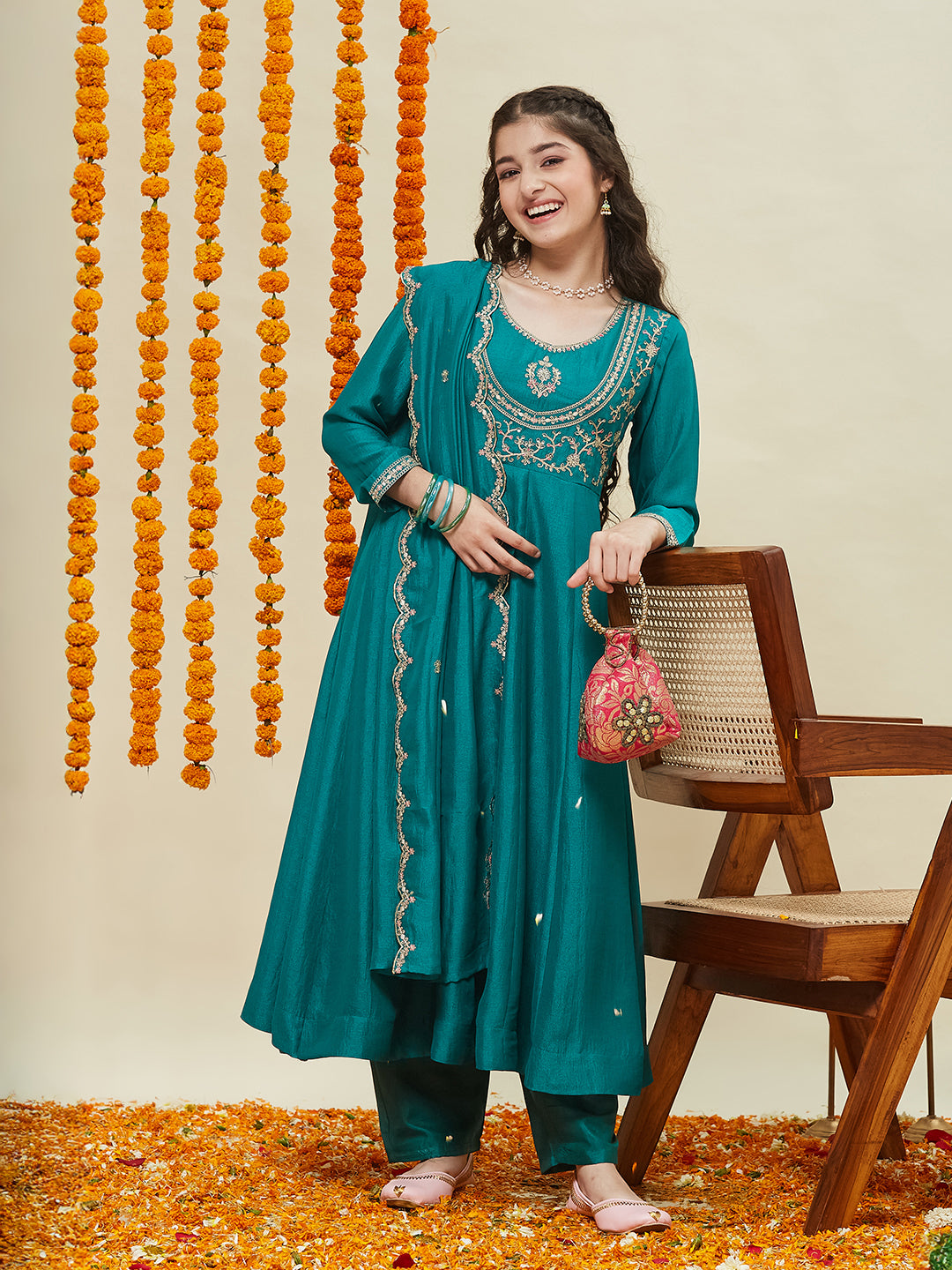 Dark Rama Embroidered Polyester Anarkali Pant with Dupatta Set for girls