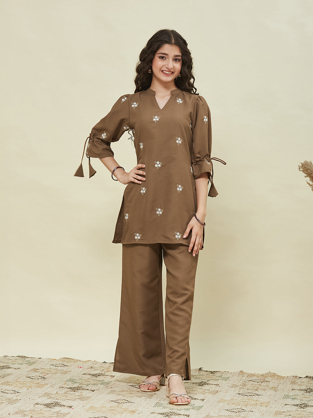 Caramel Viscose Blend Embroidered Top & Pant Set for Girls
