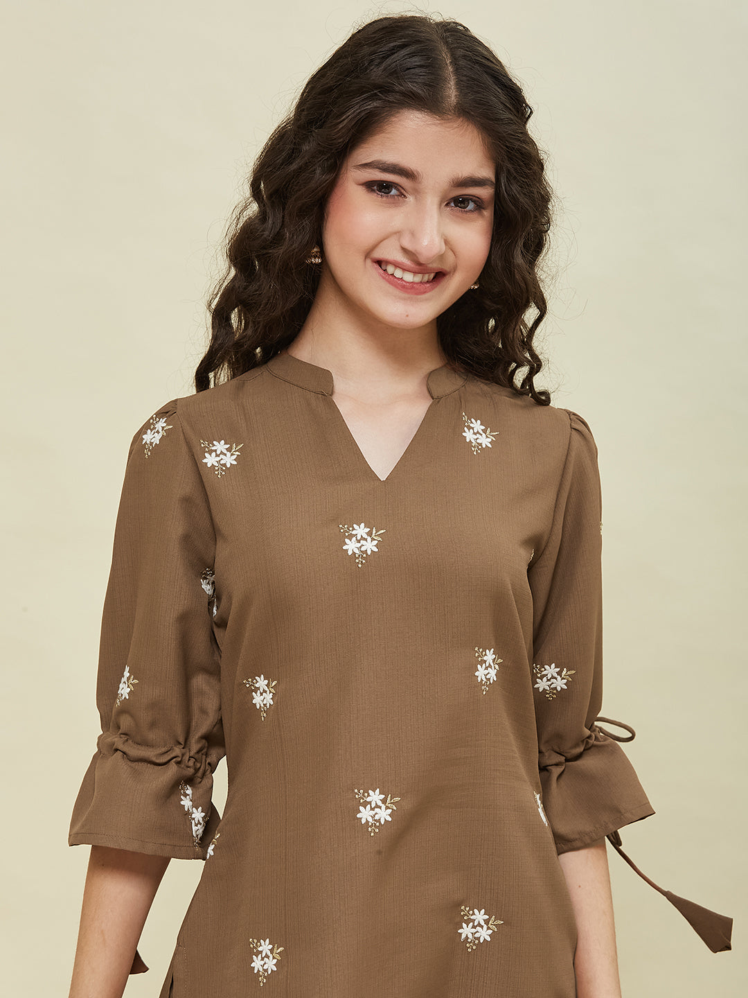 Caramel Viscose Blend Embroidered Top & Pant Set for Girls