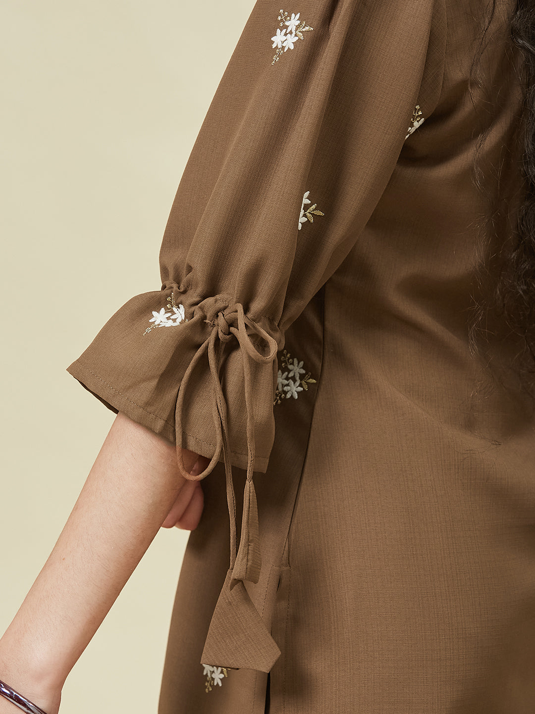 Caramel Viscose Blend Embroidered Top & Pant Set for Girls