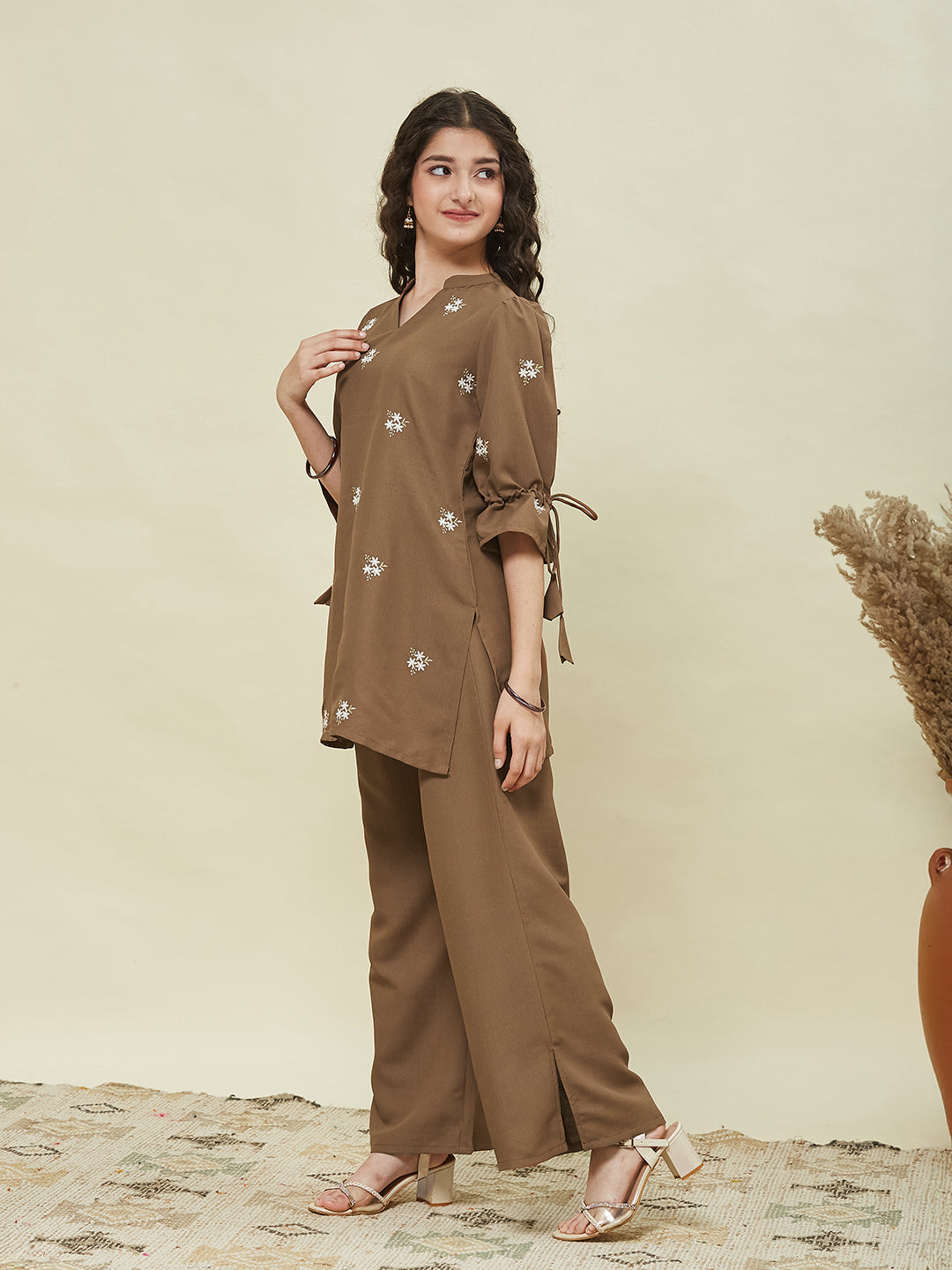 Caramel Viscose Blend Embroidered Top & Pant Set for Girls