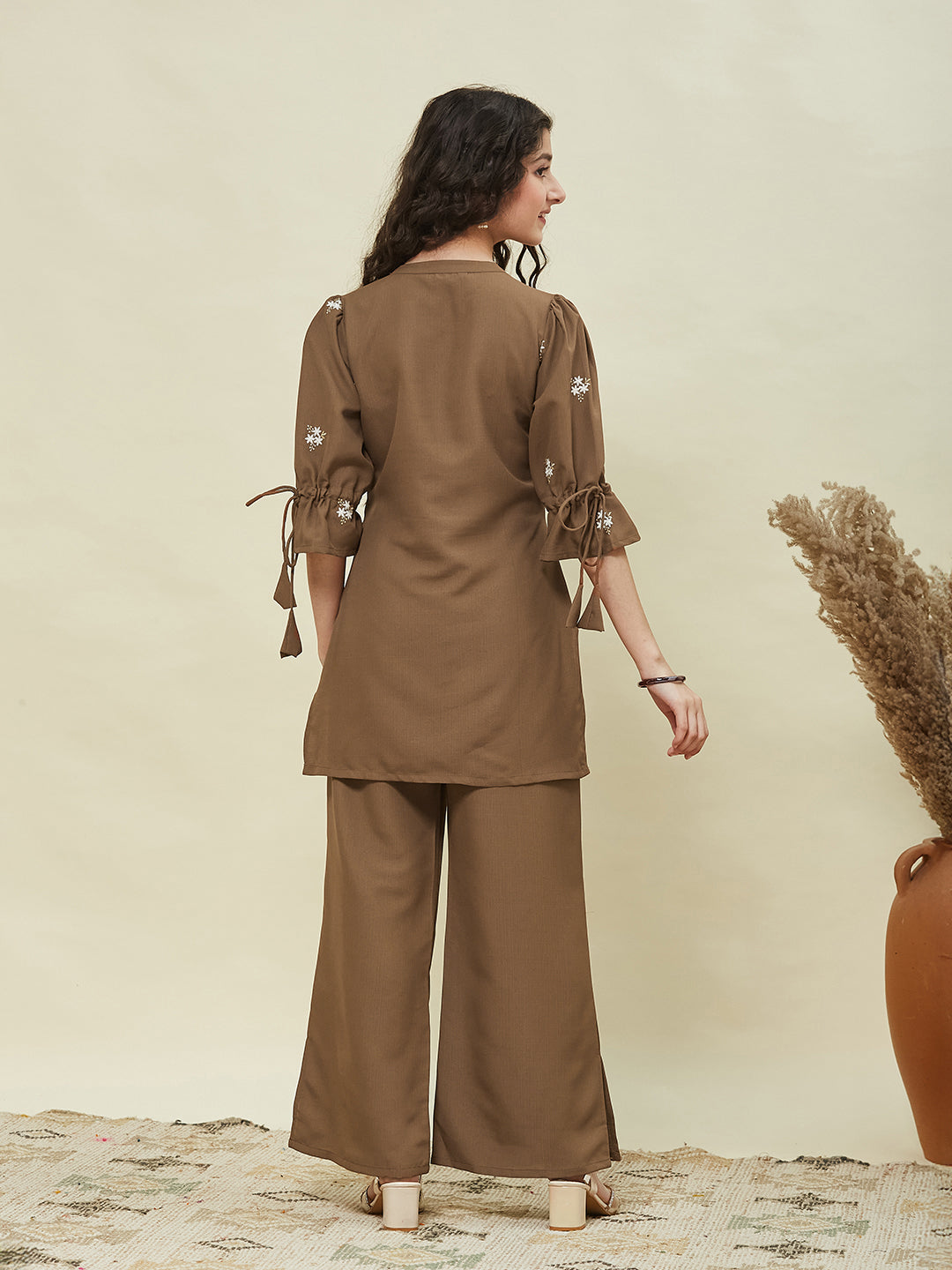 Caramel Viscose Blend Embroidered Top & Pant Set for Girls