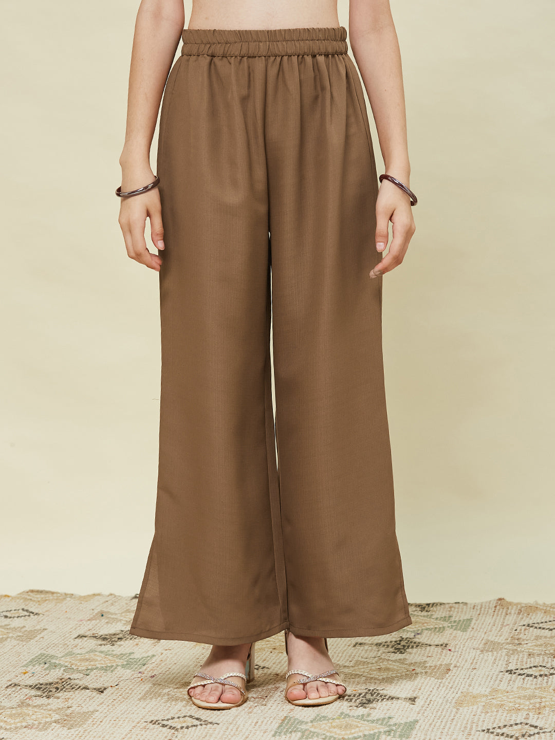 Caramel Viscose Blend Embroidered Top & Pant Set for Girls