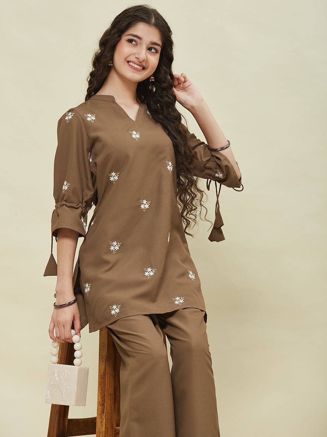 Caramel Viscose Blend Embroidered Top & Pant Set for Girls