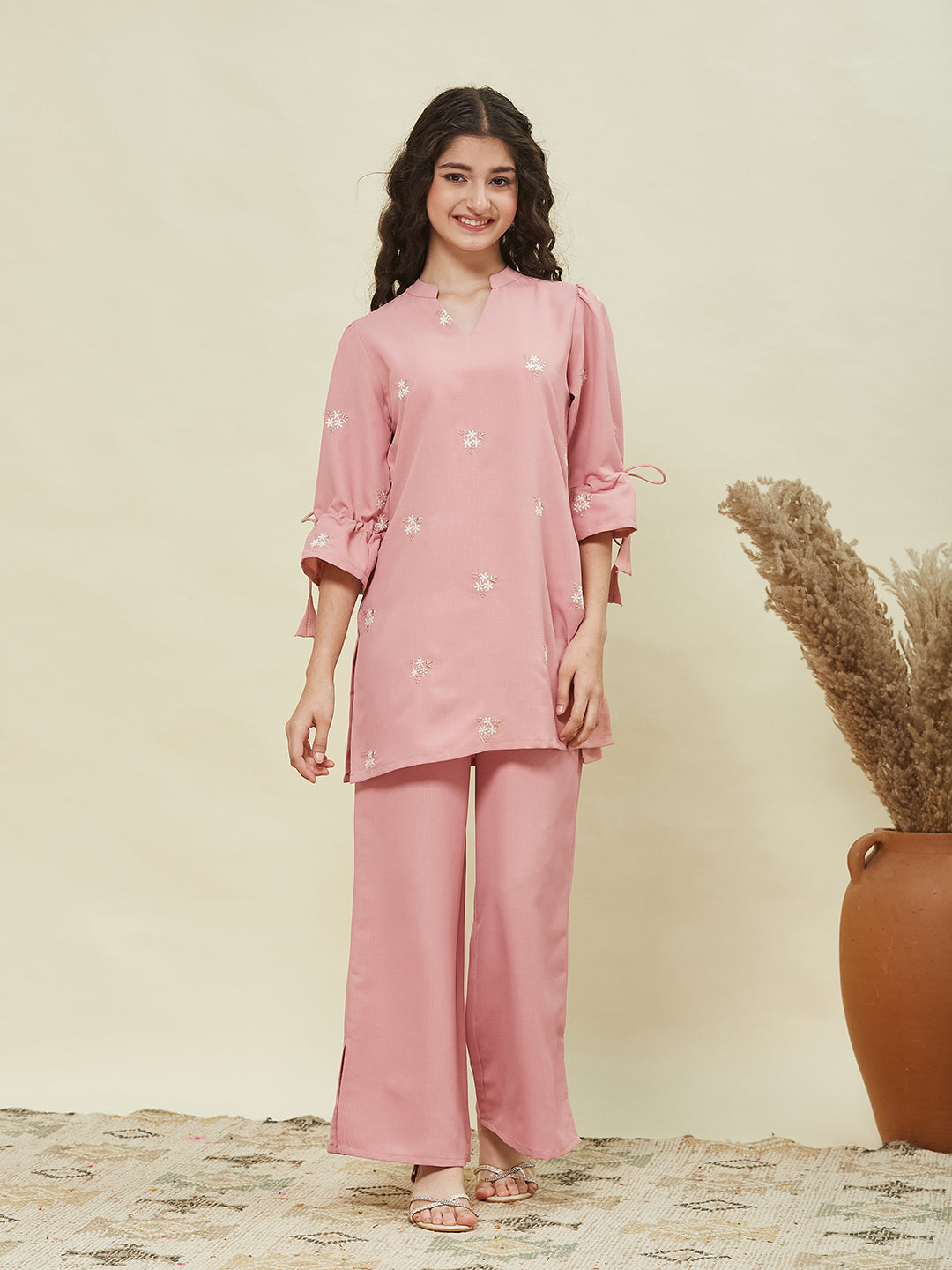 Pink Viscose Blend Embroidered Top & Pant Set for Girls