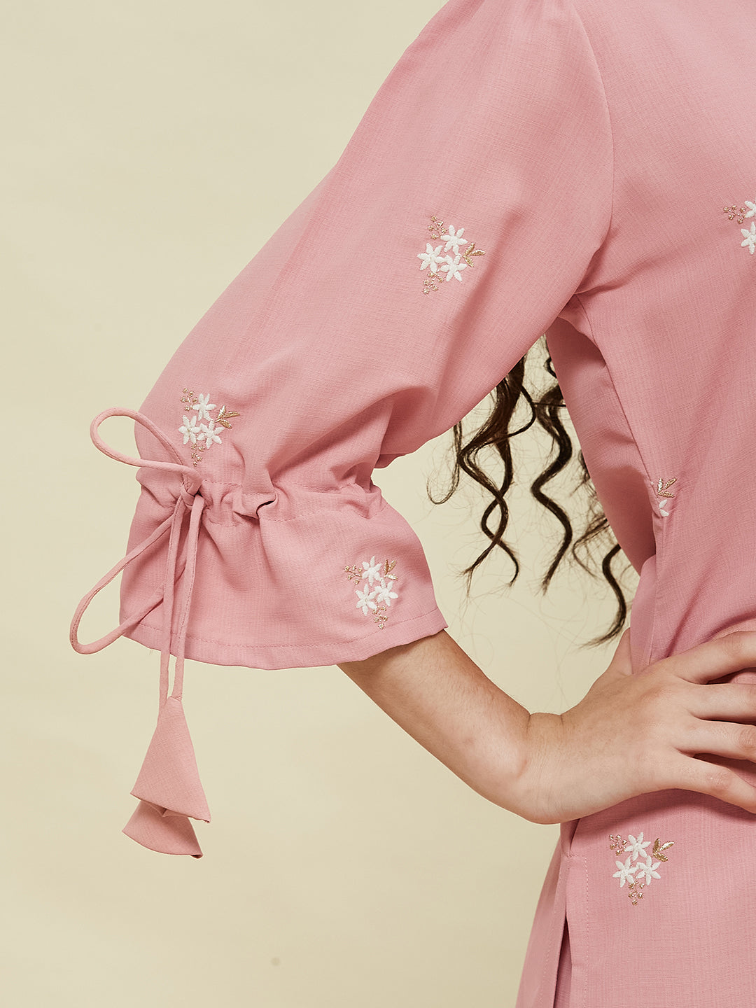 Pink Viscose Blend Embroidered Top & Pant Set for Girls