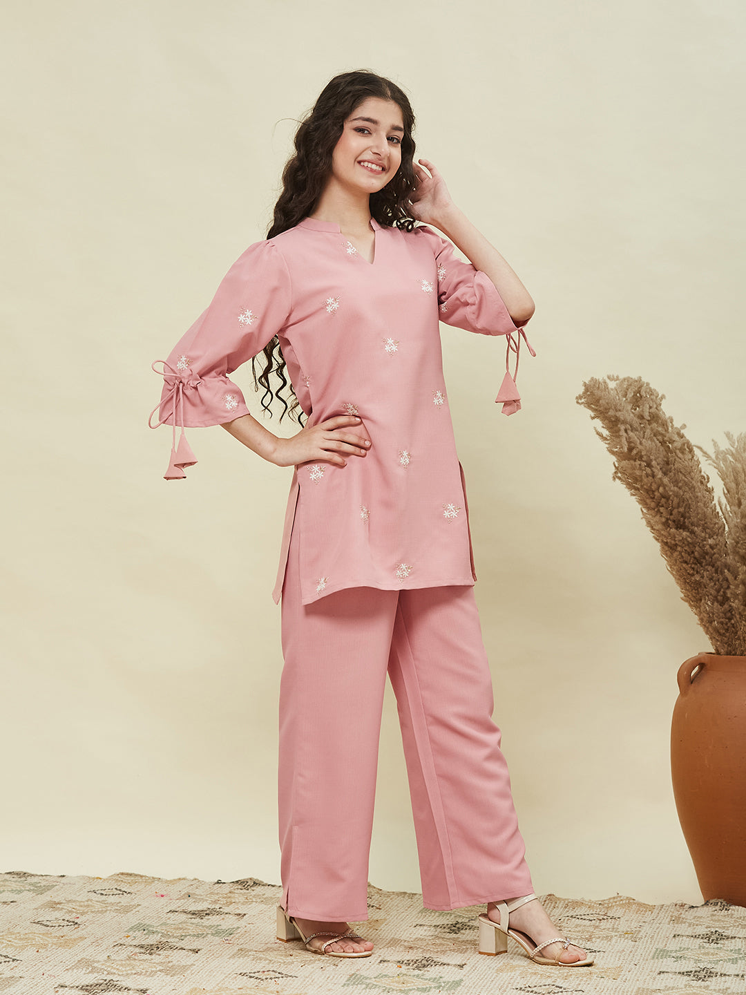 Pink Viscose Blend Embroidered Top & Pant Set for Girls
