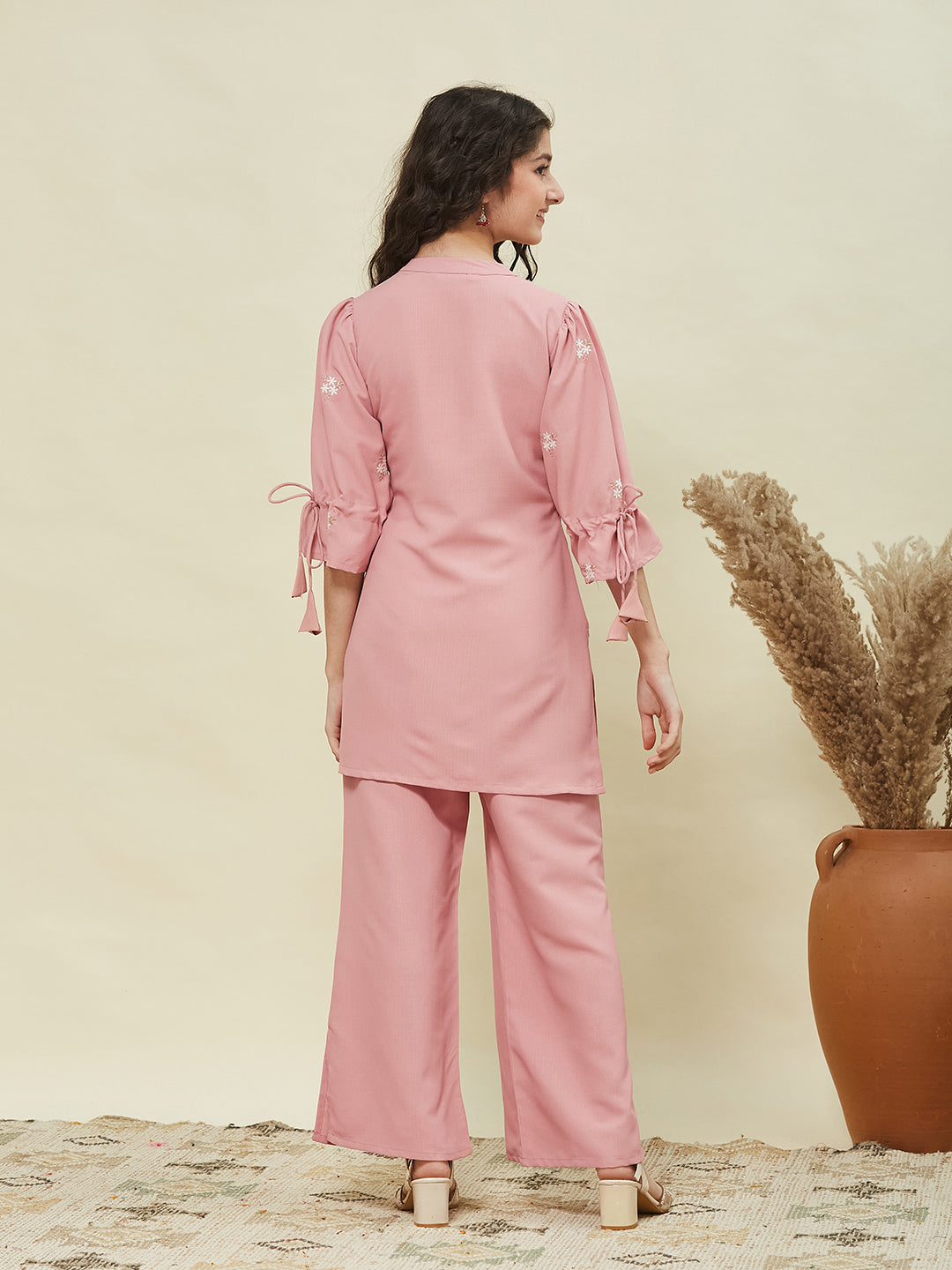 Pink Viscose Blend Embroidered Top & Pant Set for Girls