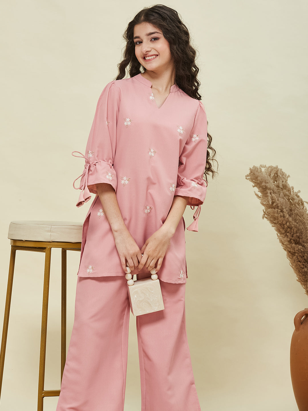 Pink Viscose Blend Embroidered Top & Pant Set for Girls