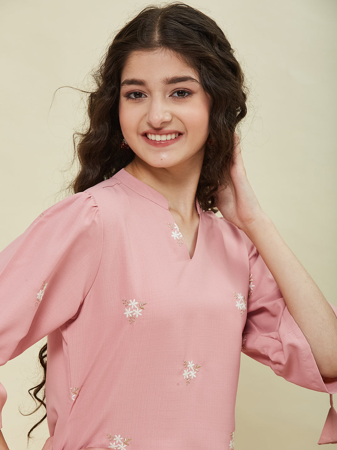 Pink Viscose Blend Embroidered Top & Pant Set for Girls