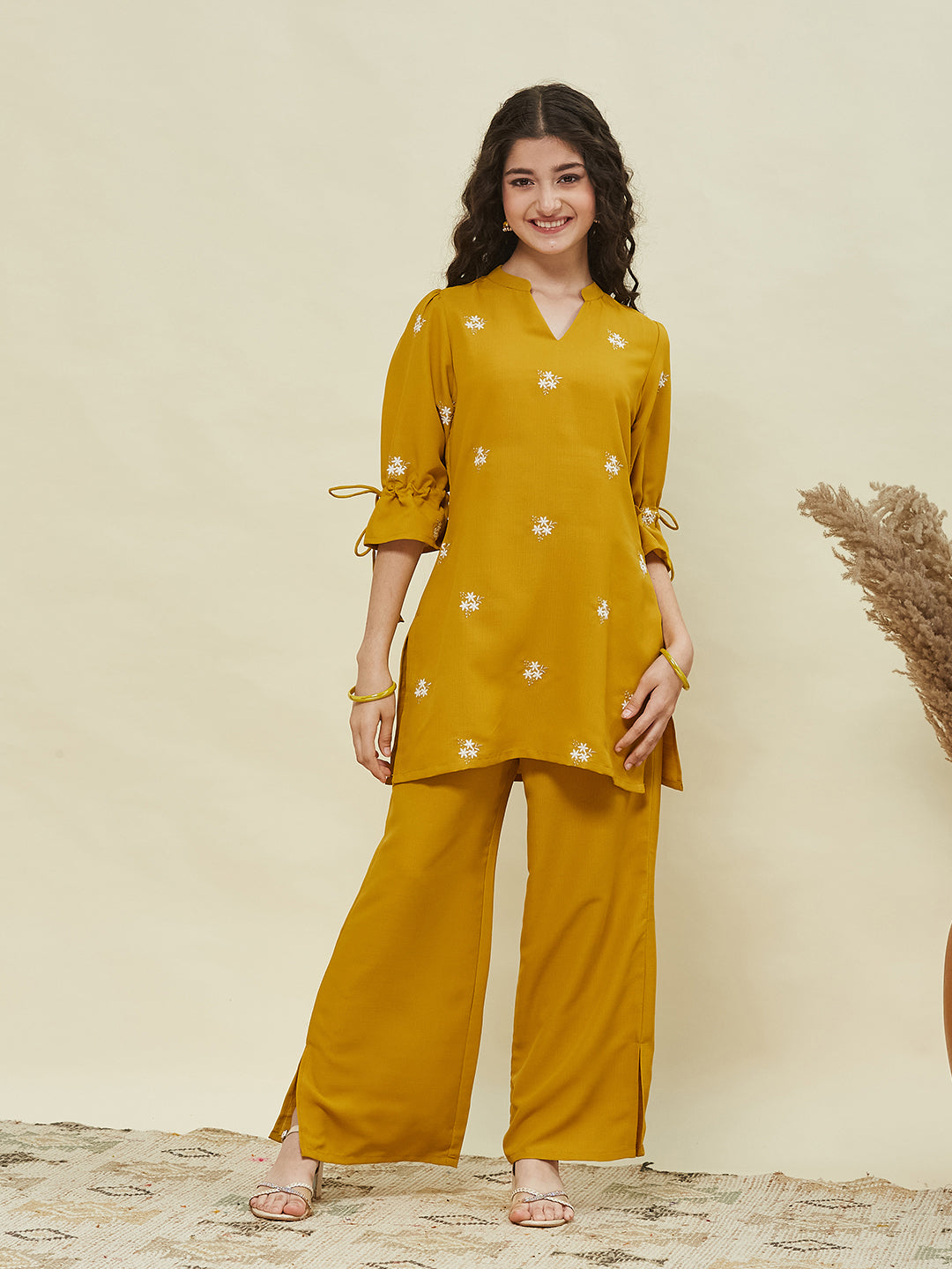 Yellow Viscose Blend Embroidered Top & Pant Set for Girls