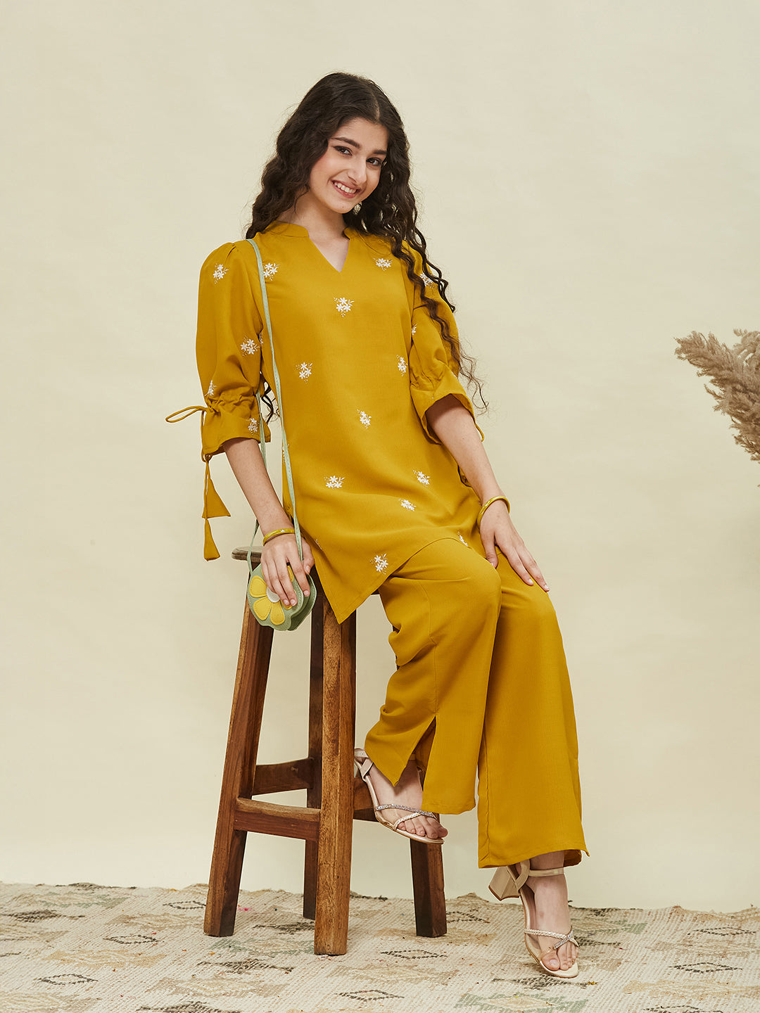 Yellow Viscose Blend Embroidered Top & Pant Set for Girls