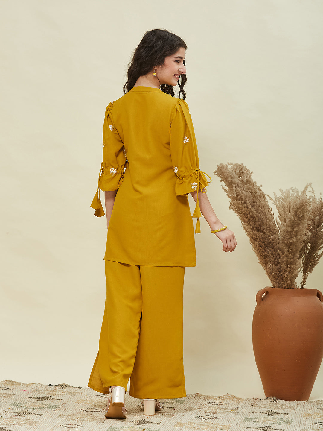 Yellow Viscose Blend Embroidered Top & Pant Set for Girls | back side