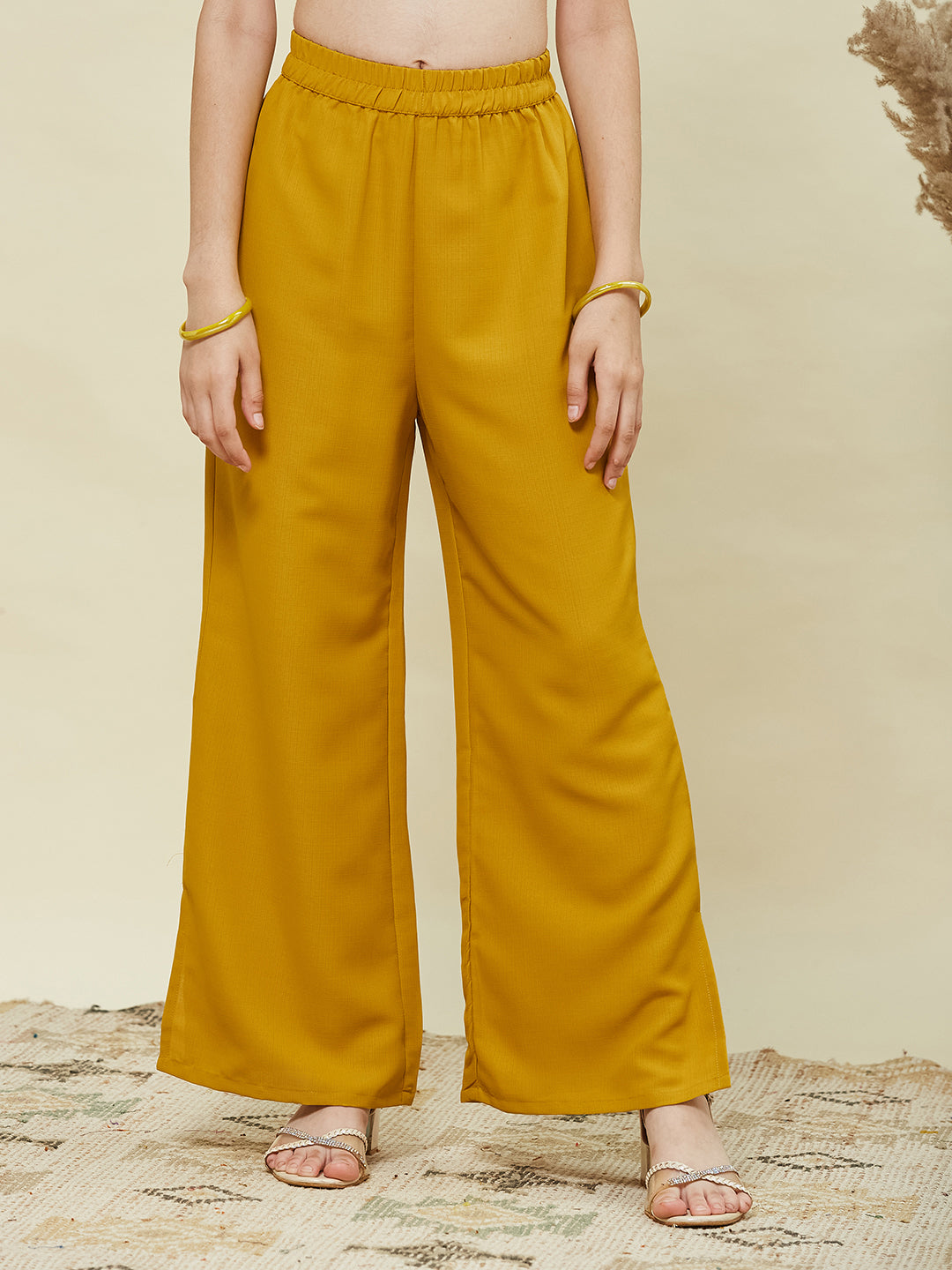 Yellow Viscose Blend Embroidered Top & Pant Set for Girls