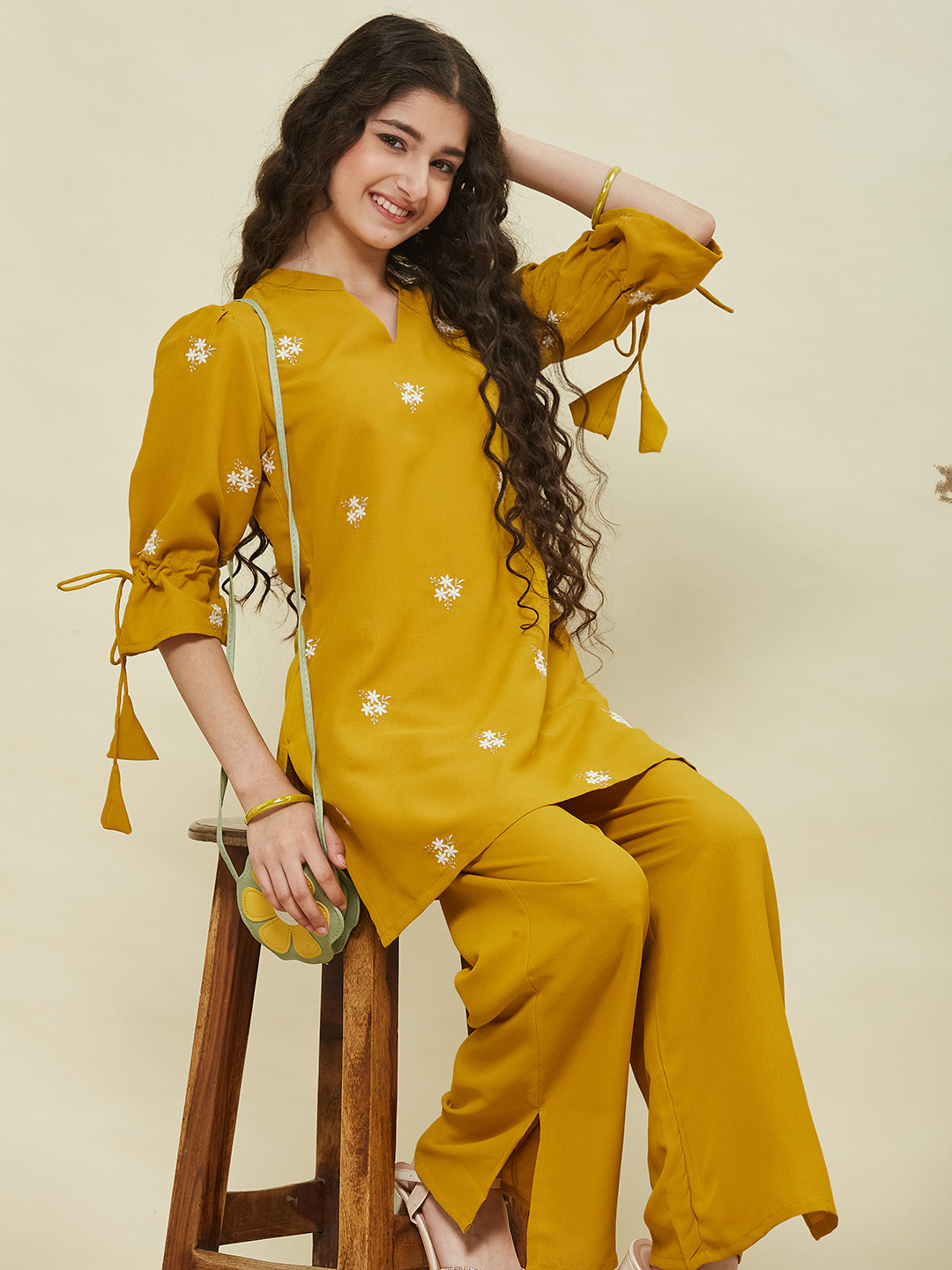 Yellow Viscose Blend Embroidered Top & Pant Set for Girls