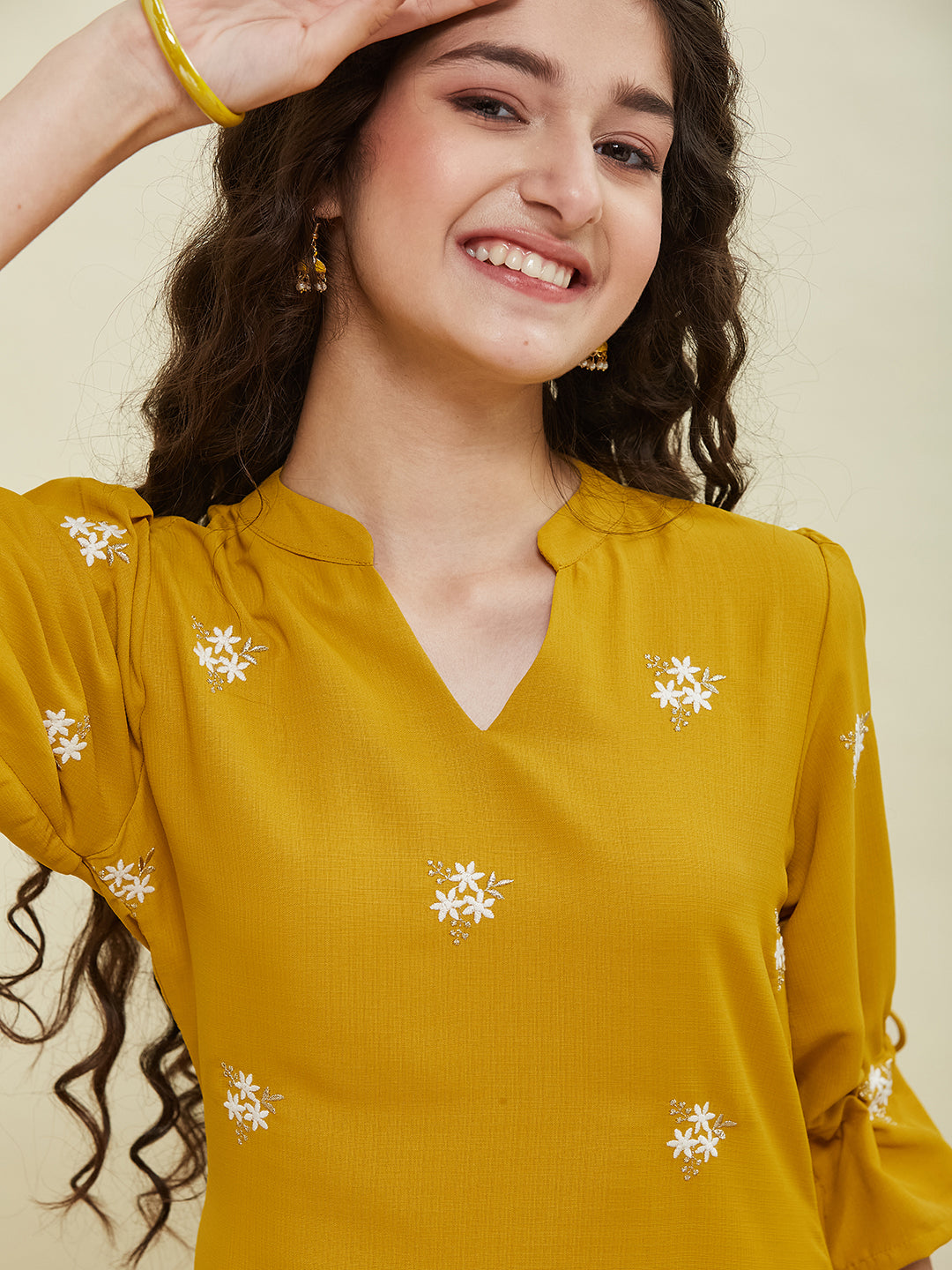 Yellow Viscose Blend Embroidered Top & Pant Set for Girls