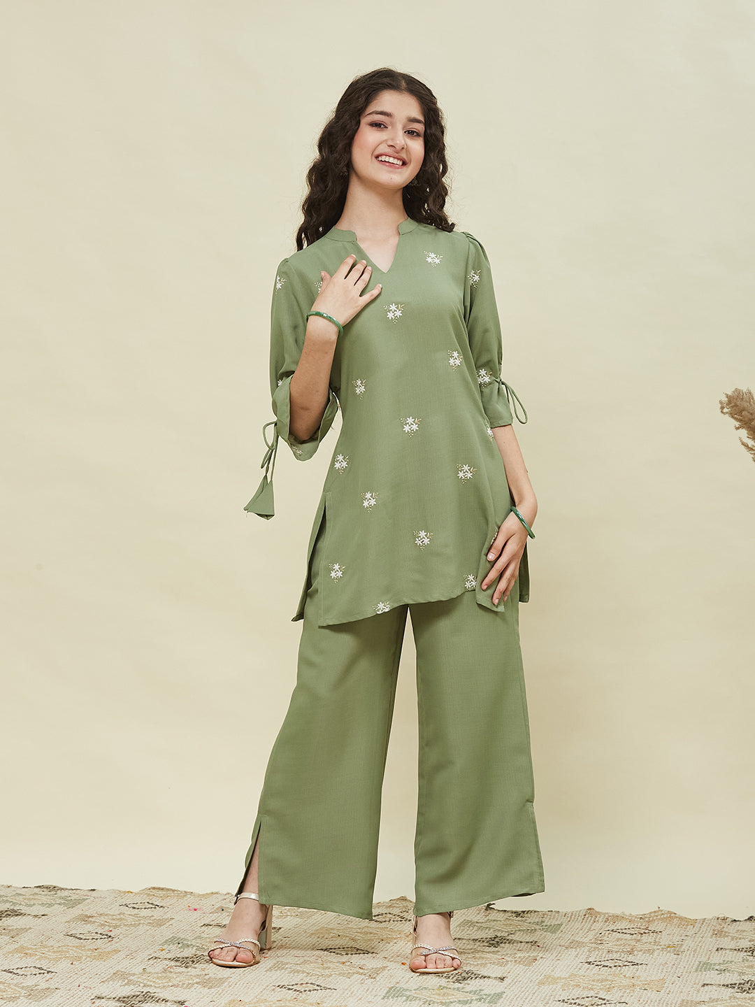 Green Viscose Blend Embroidered Top & Pant Set for Girls