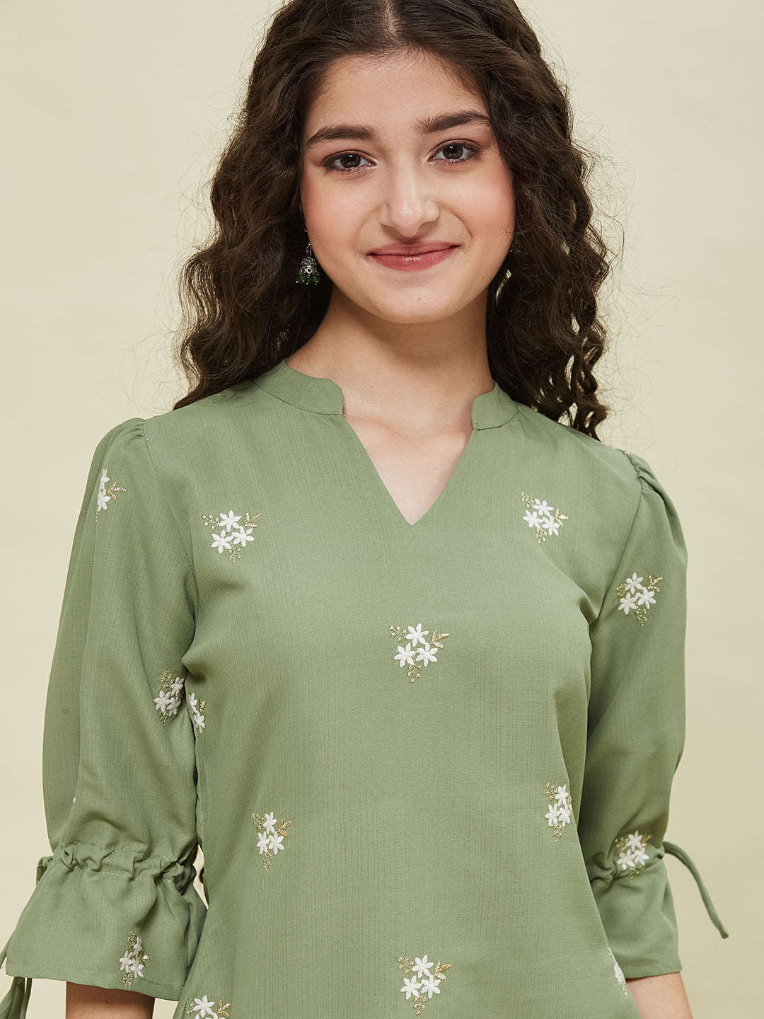 Green Viscose Blend Embroidered Top & Pant Set for Girls