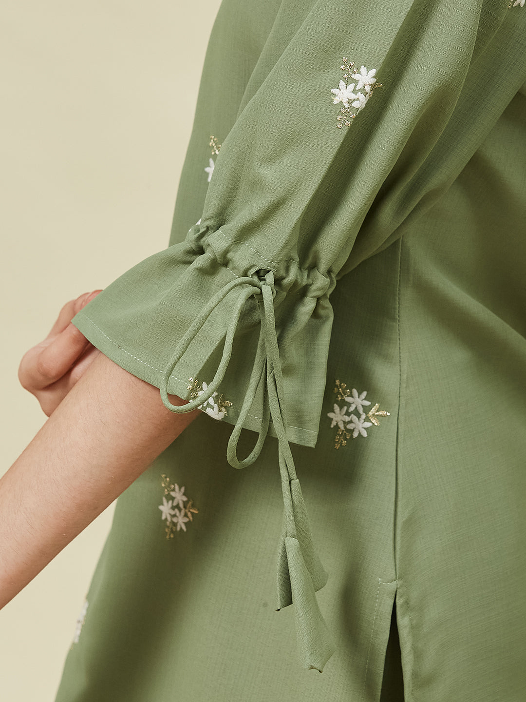 Green Viscose Blend Embroidered Top & Pant Set for Girls