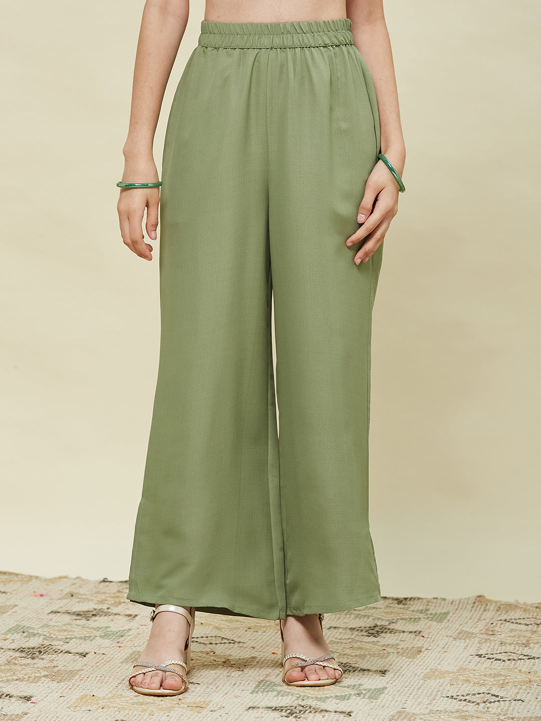 Green Viscose Blend Embroidered Top & Pant Set for Girls