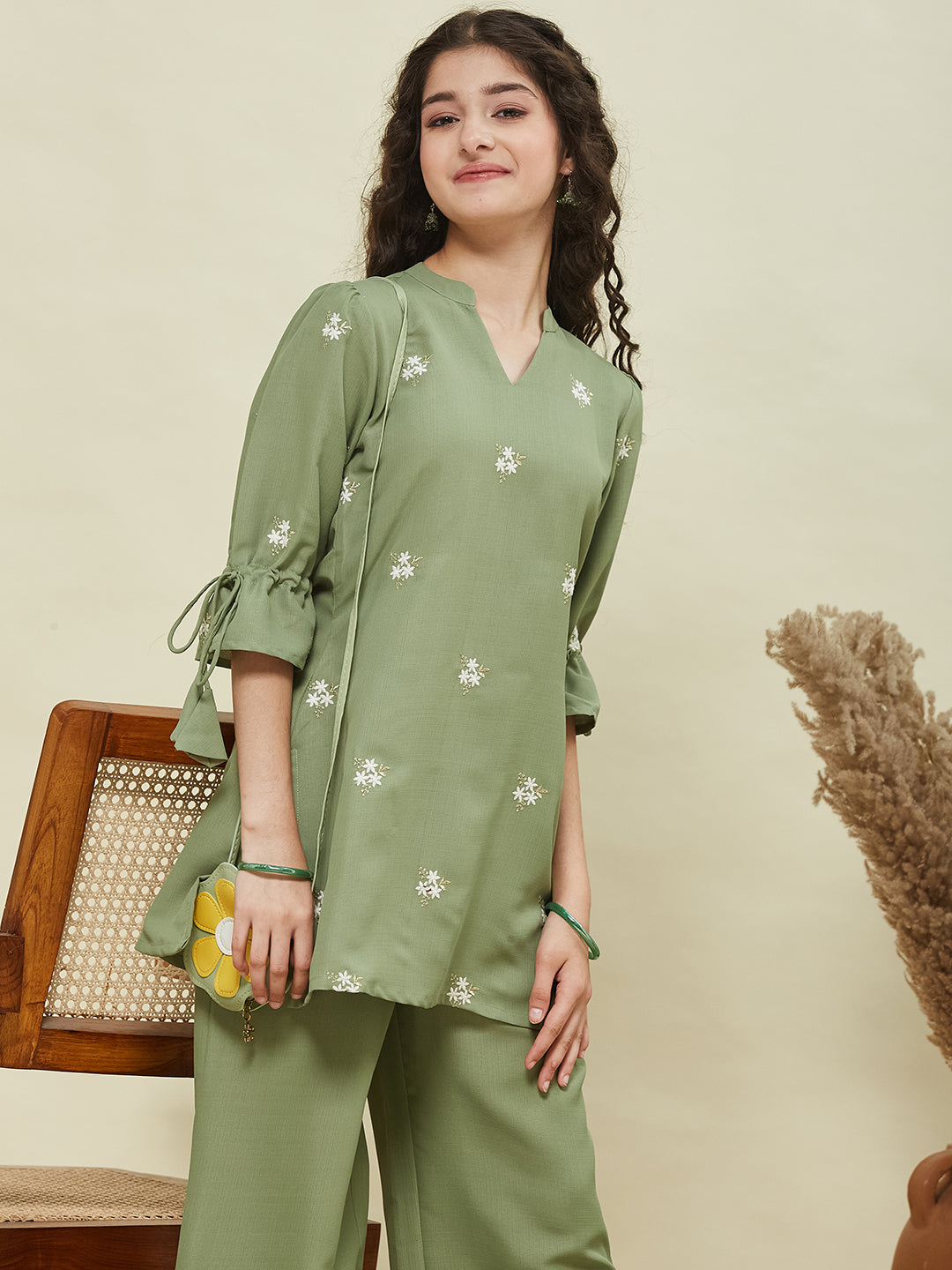 Green Viscose Blend Embroidered Top & Pant Set for Girls