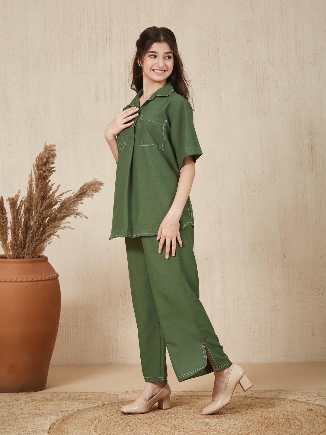 Olive Green Embroidered Kurta & pant For Girls