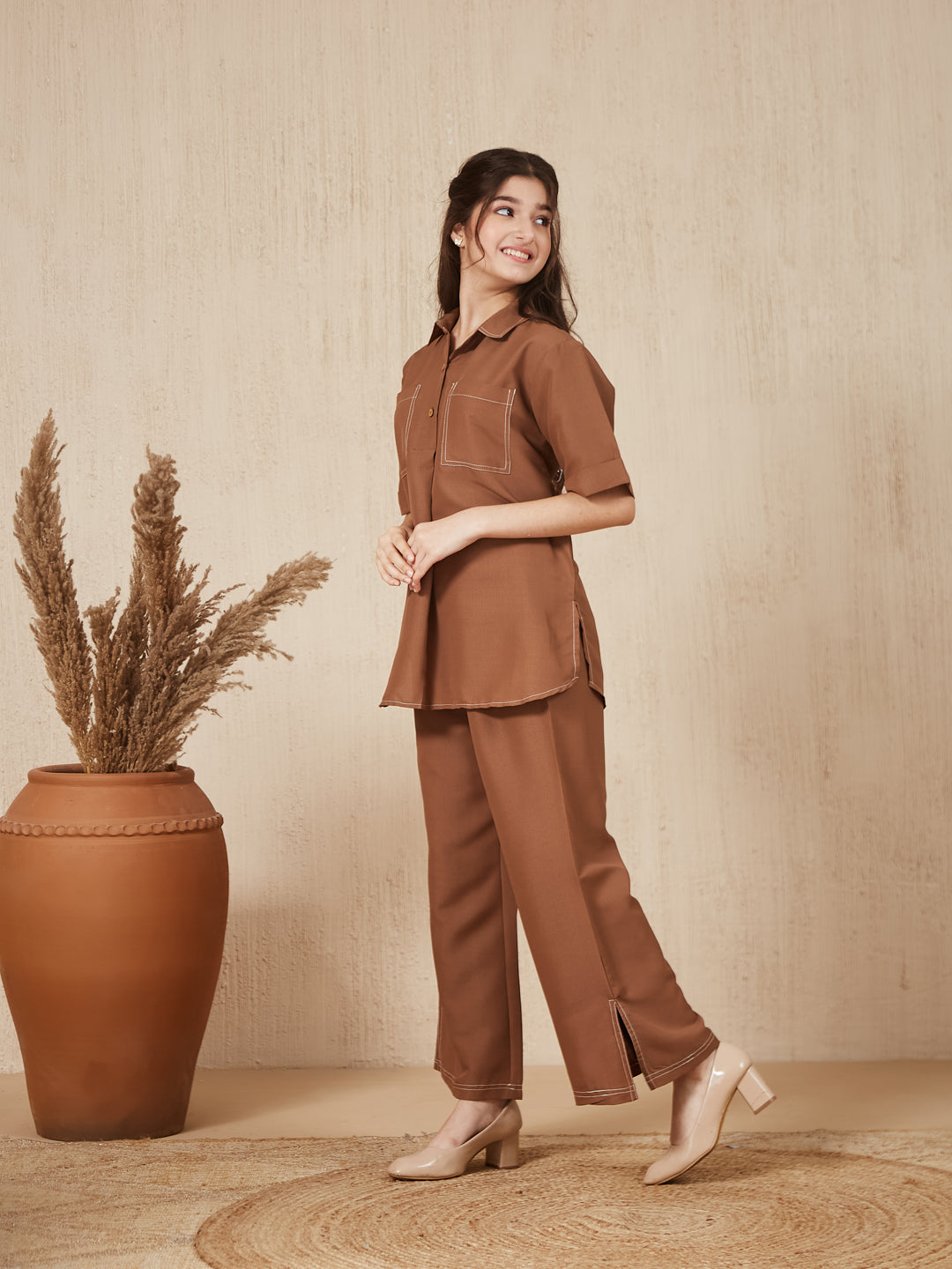 Caramel Embroidered Kurta & pant For Girls