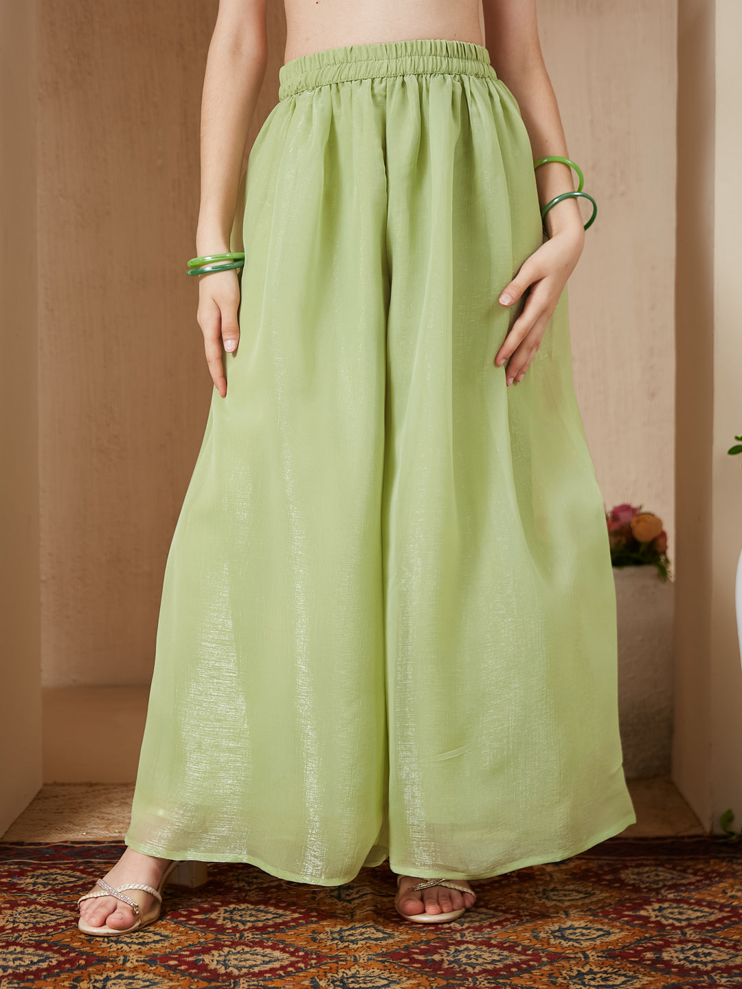Light Green Polyester Embroidered Peplum & Palazzo Set for Girls